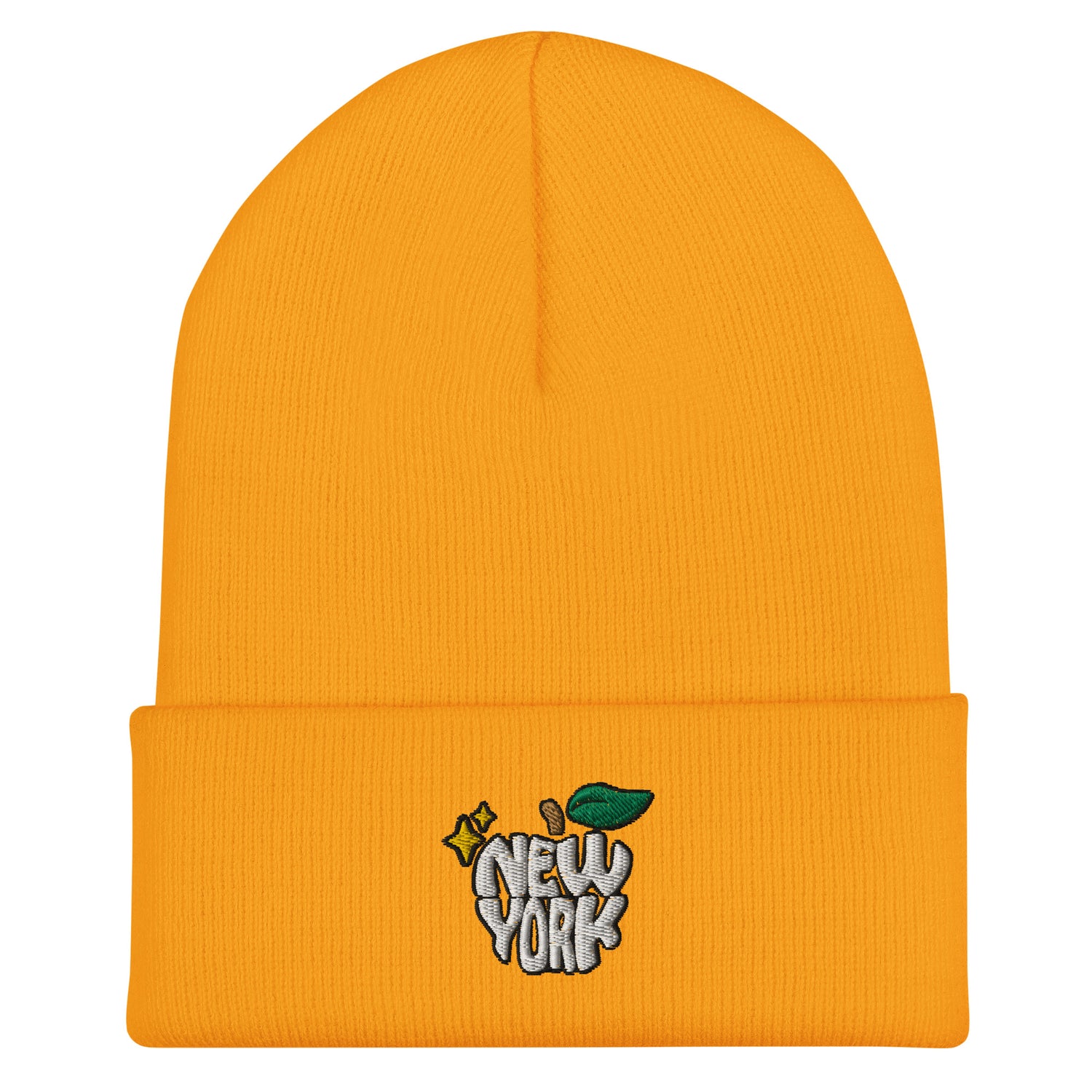 New York Apple Logo Embroidered Yellow Cuffed Beanie Hat Scattered Streetwear