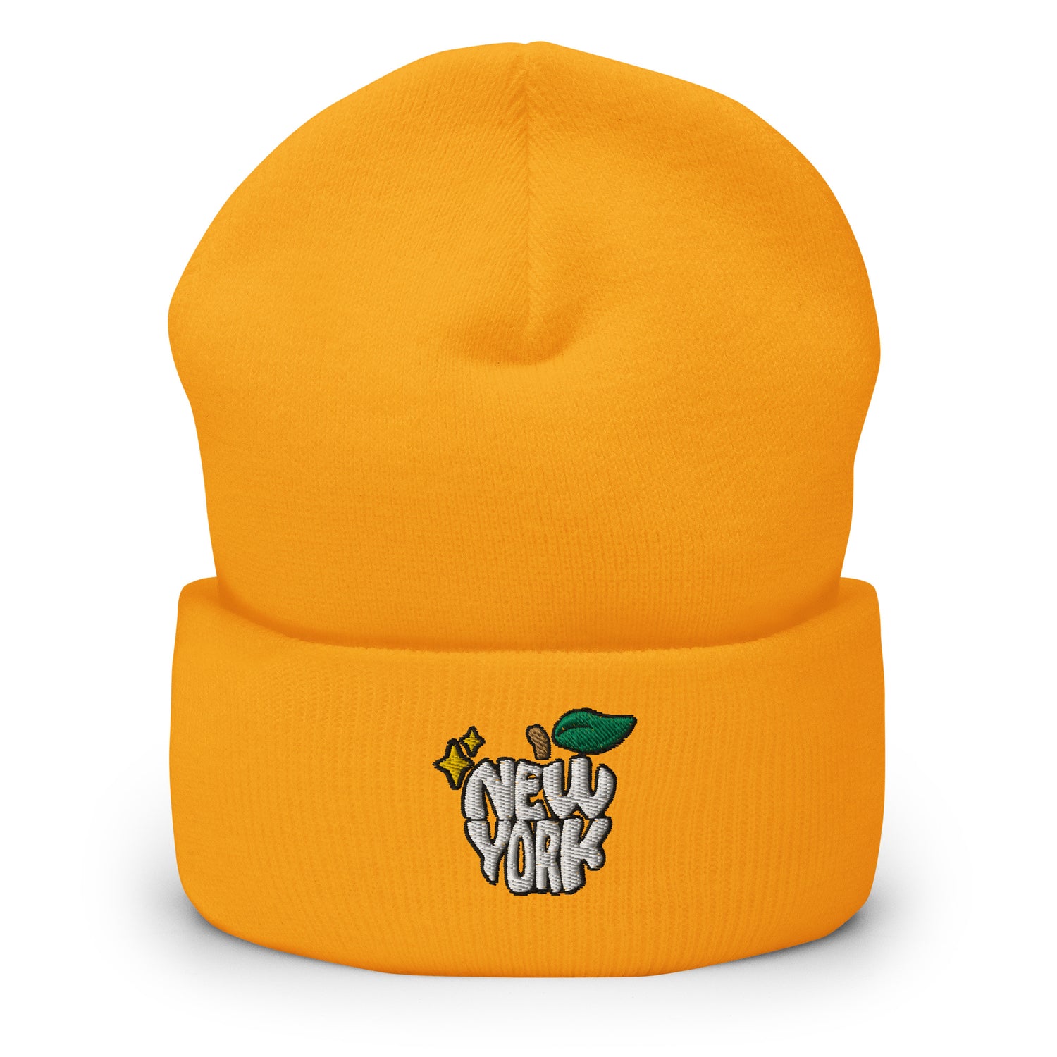 New York Apple Logo Embroidered Yellow Cuffed Beanie Hat Scattered Streetwear