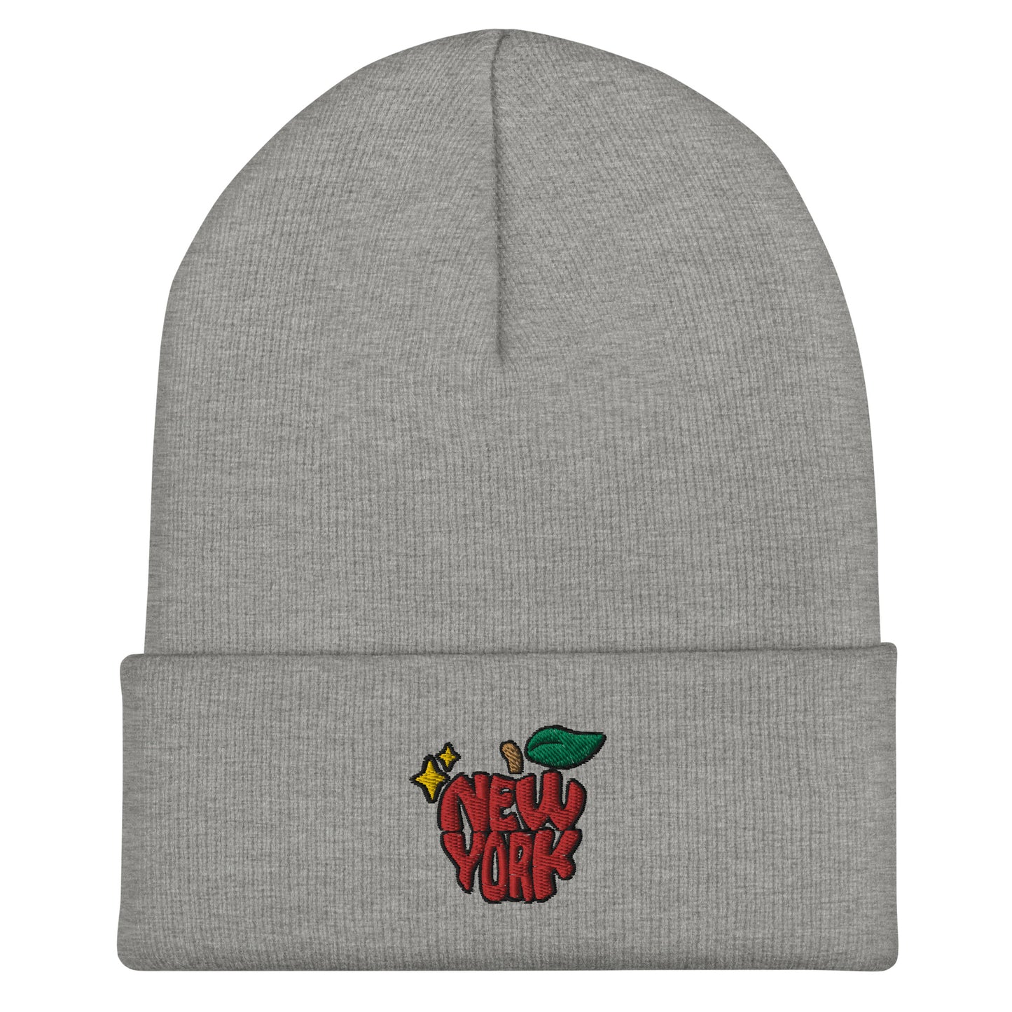 New York Apple Logo Embroidered Grey Cuffed Beanie Hat Scattered Streetwear