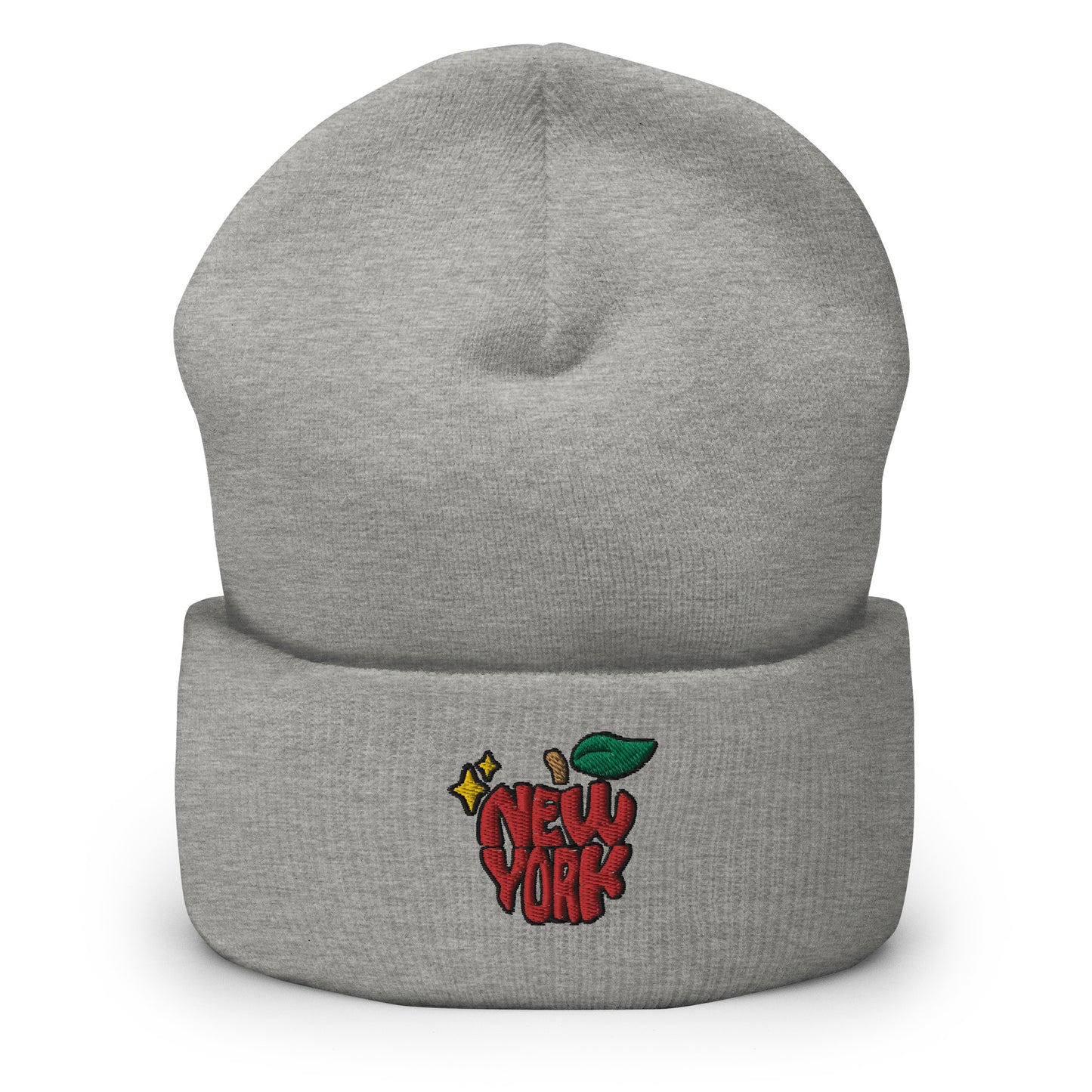 New York Apple Logo Embroidered Grey Cuffed Beanie Hat Scattered Streetwear