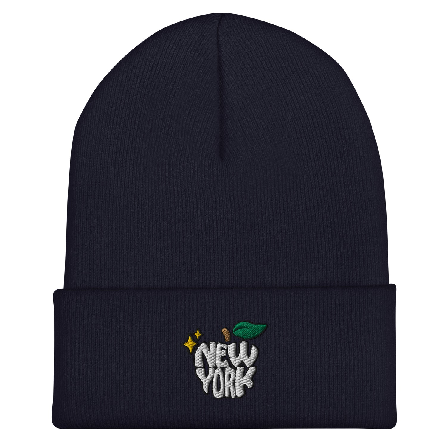 New York Apple Logo Embroidered Navy Blue Cuffed Beanie Hat Scattered Streetwear