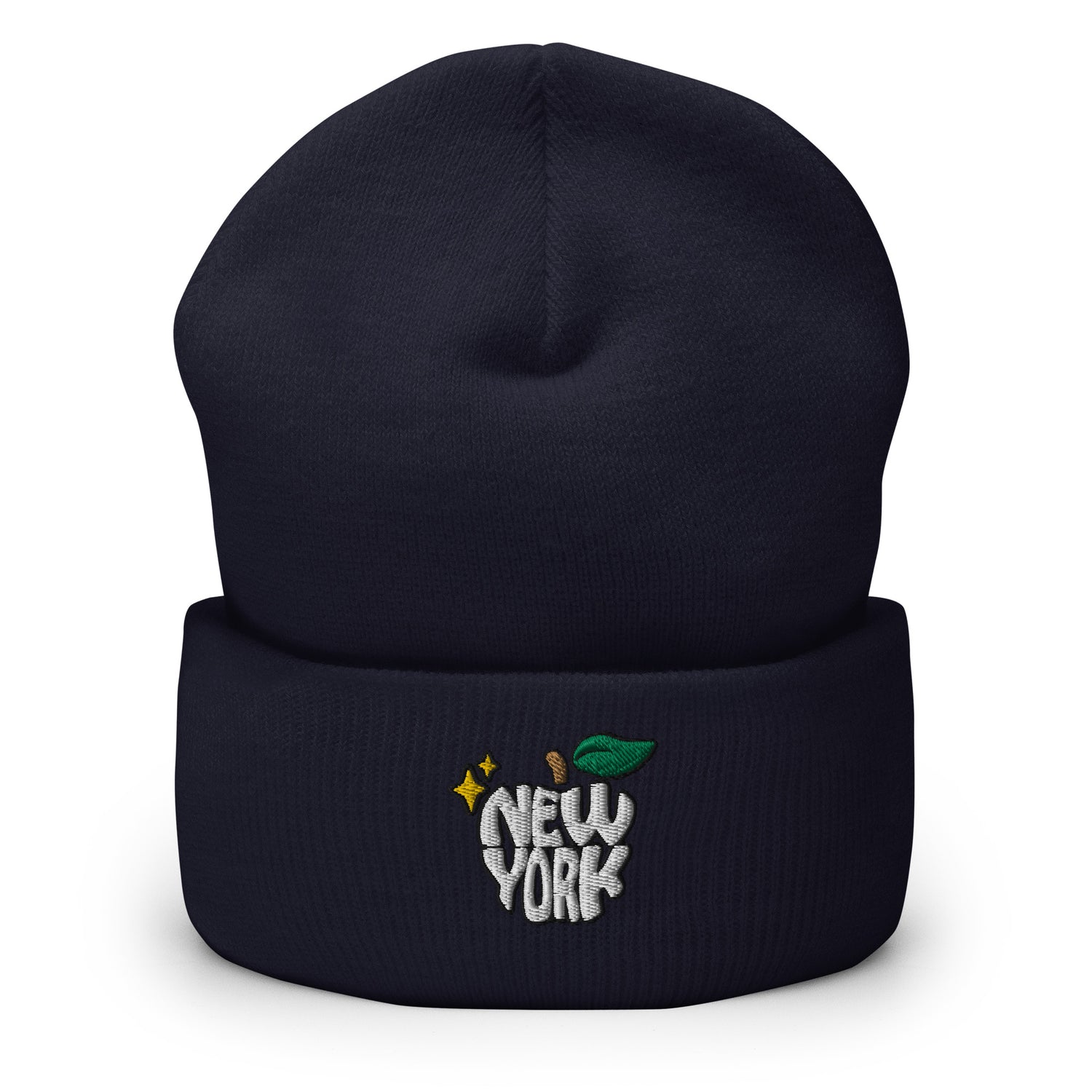 New York Apple Logo Embroidered Navy Blue Cuffed Beanie Hat Scattered Streetwear