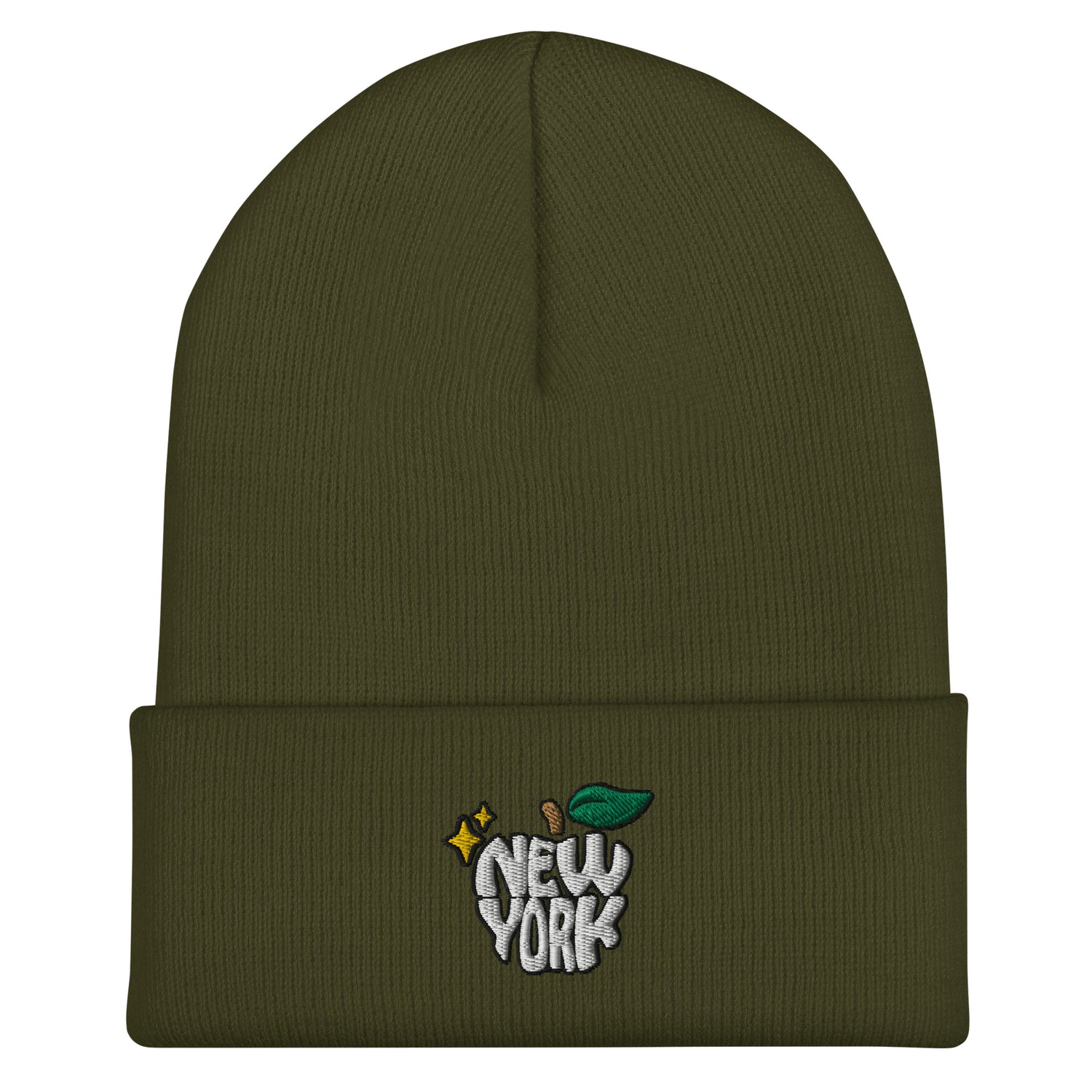 New York Apple Logo Embroidered Olive Green Cuffed Beanie Hat Scattered Streetwear