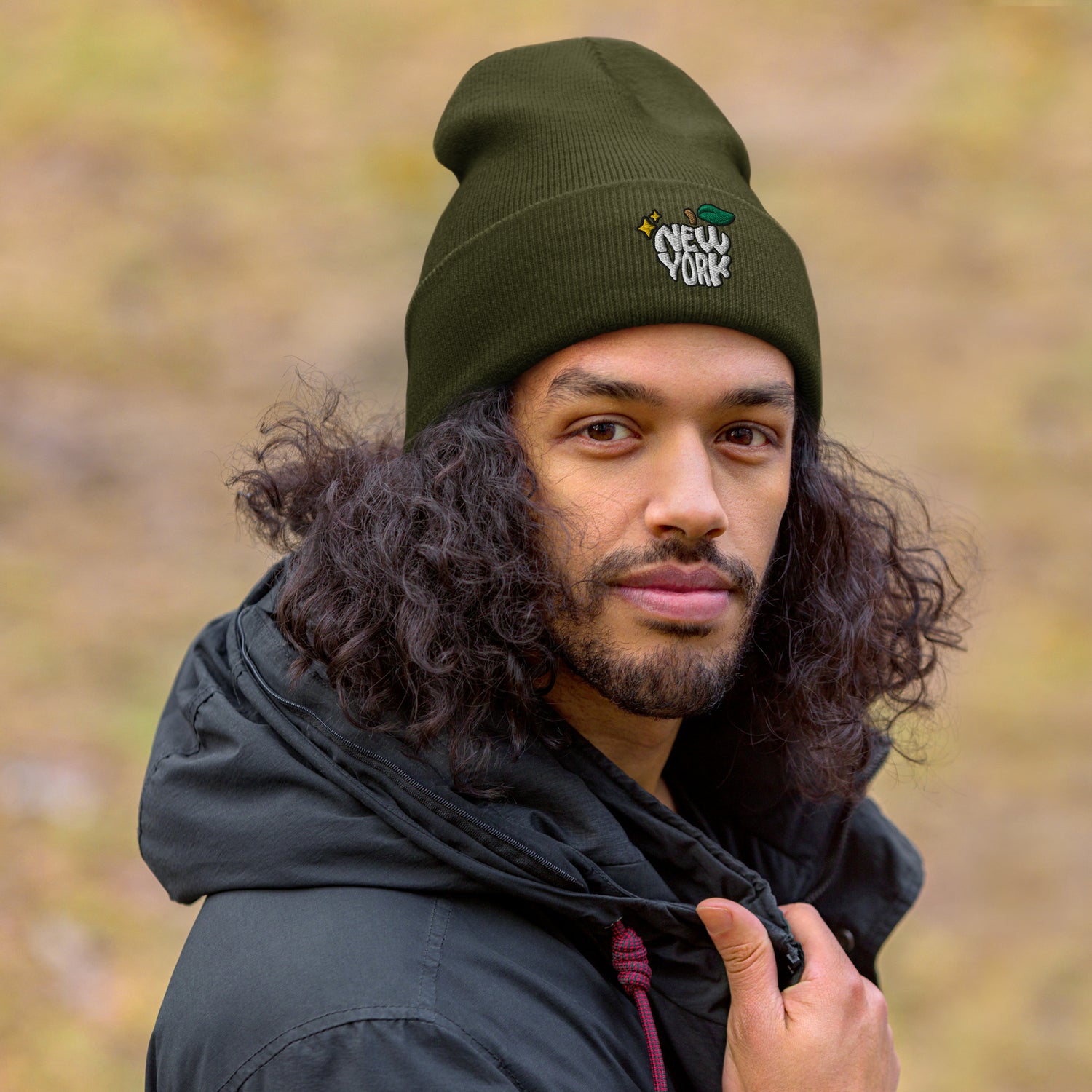 New York Apple Logo Embroidered Olive Green Cuffed Beanie Hat Scattered Streetwear