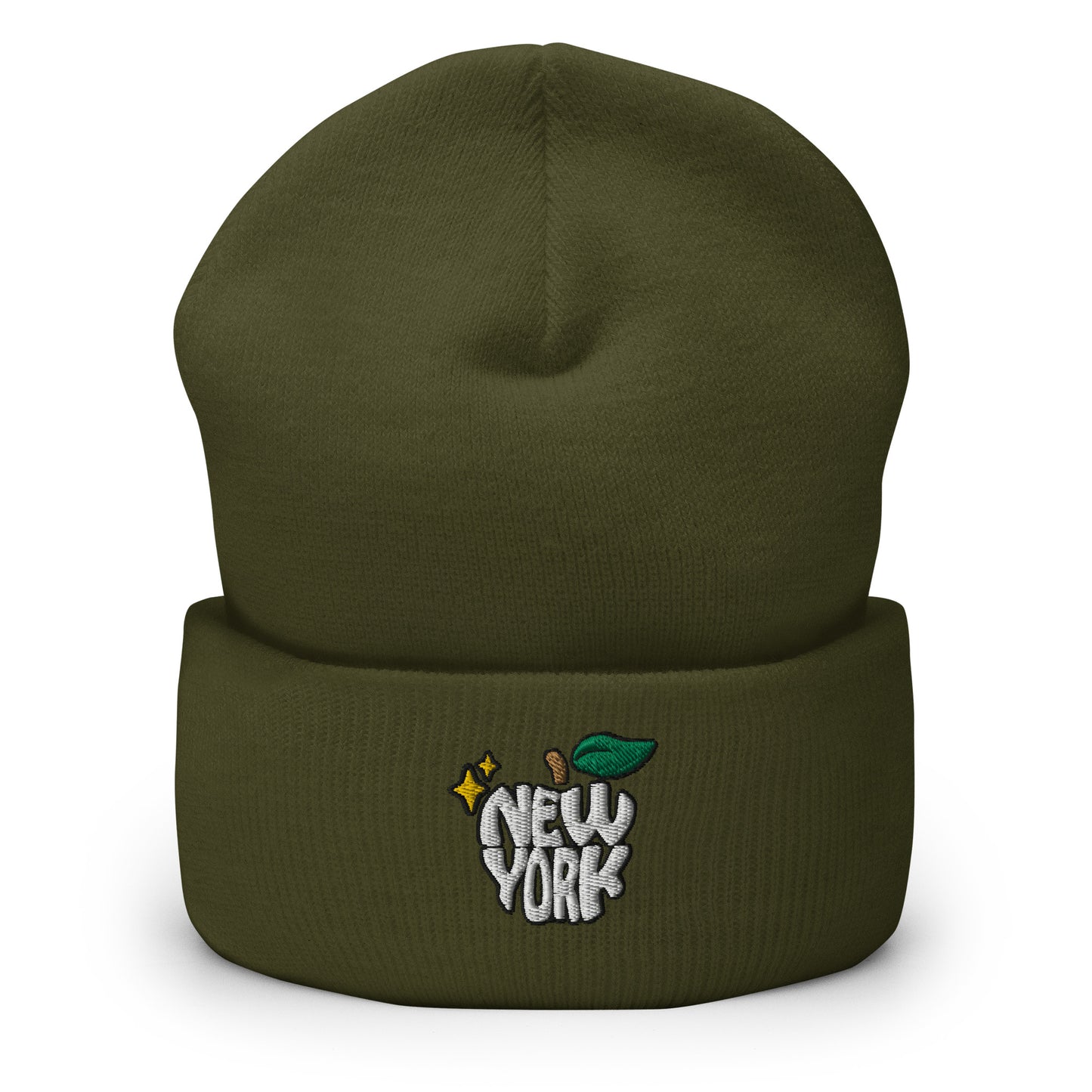 New York Apple Logo Embroidered Olive Green Cuffed Beanie Hat Scattered Streetwear