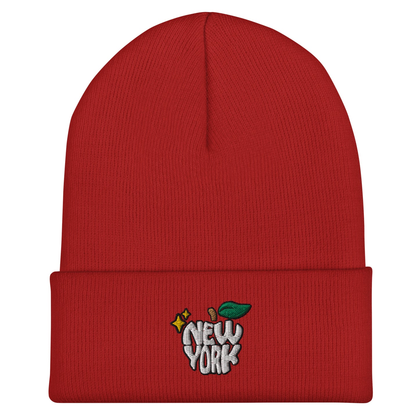 New York Apple Logo Embroidered Red Cuffed Beanie Hat Scattered Streetwear