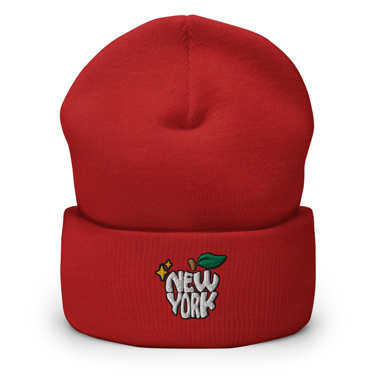 New York Apple Logo Embroidered Red Cuffed Beanie Hat Scattered Streetwear