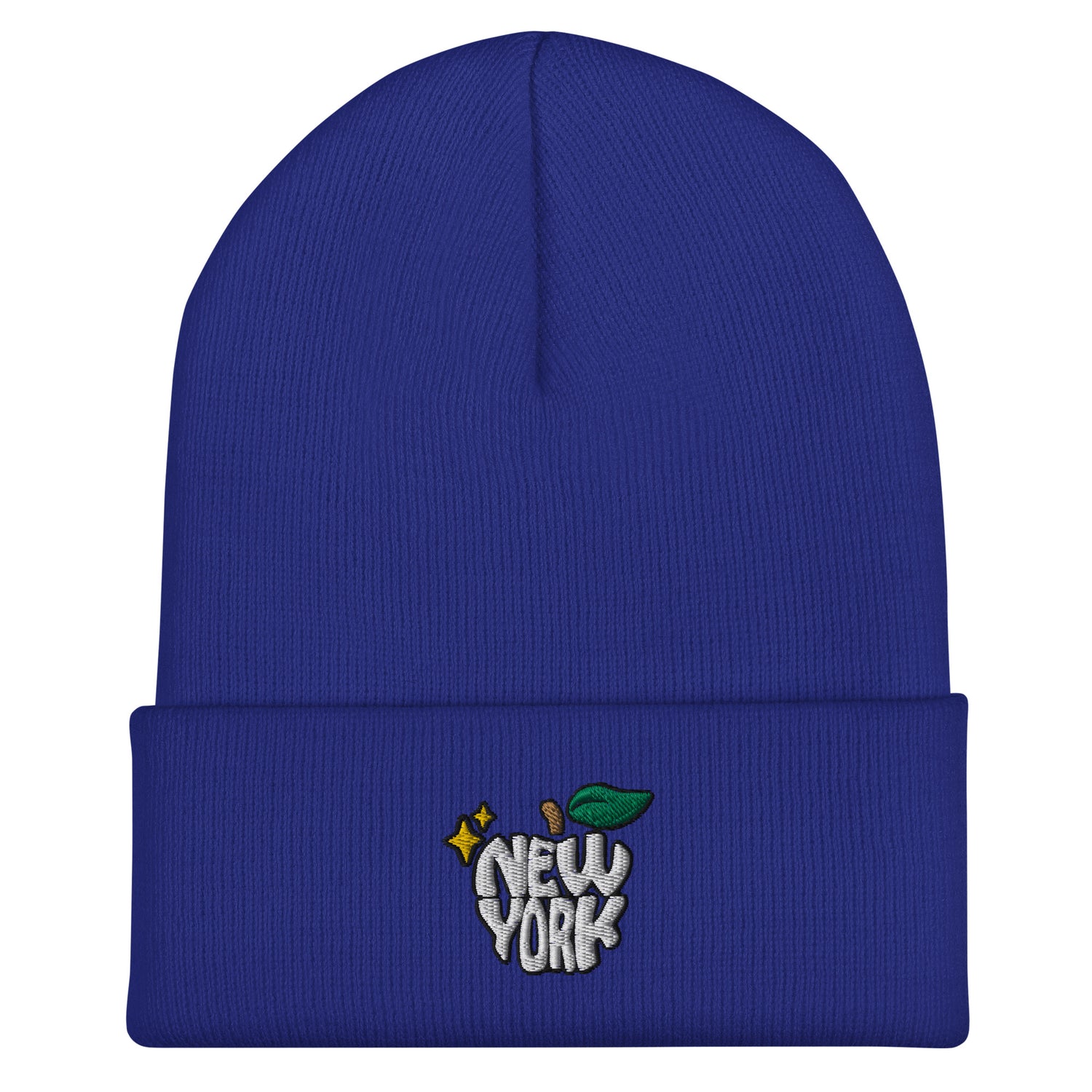 New York Apple Logo Embroidered Royal Blue Cuffed Beanie Hat Scattered Streetwear