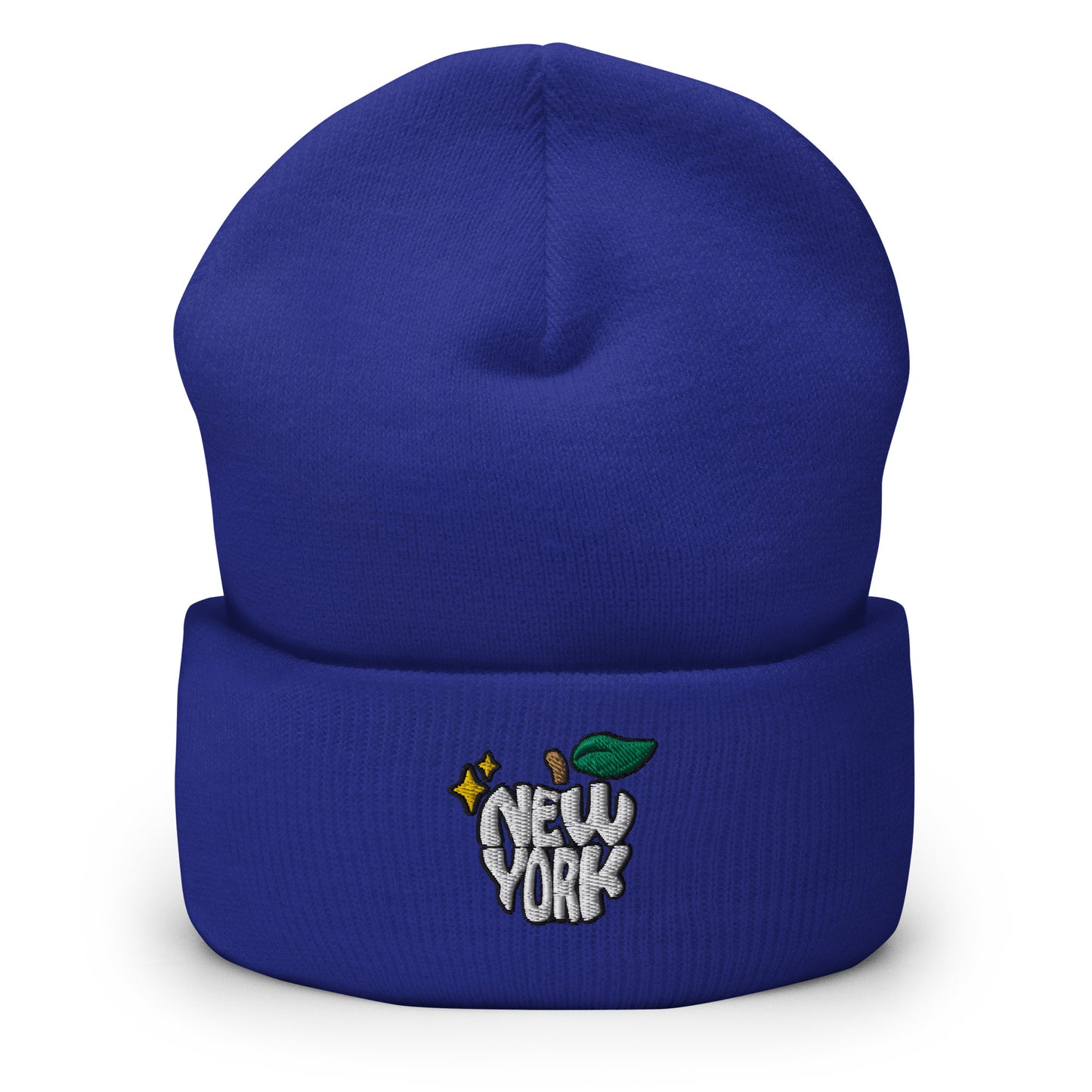 New York Apple Logo Embroidered Royal Blue Cuffed Beanie Hat Scattered Streetwear