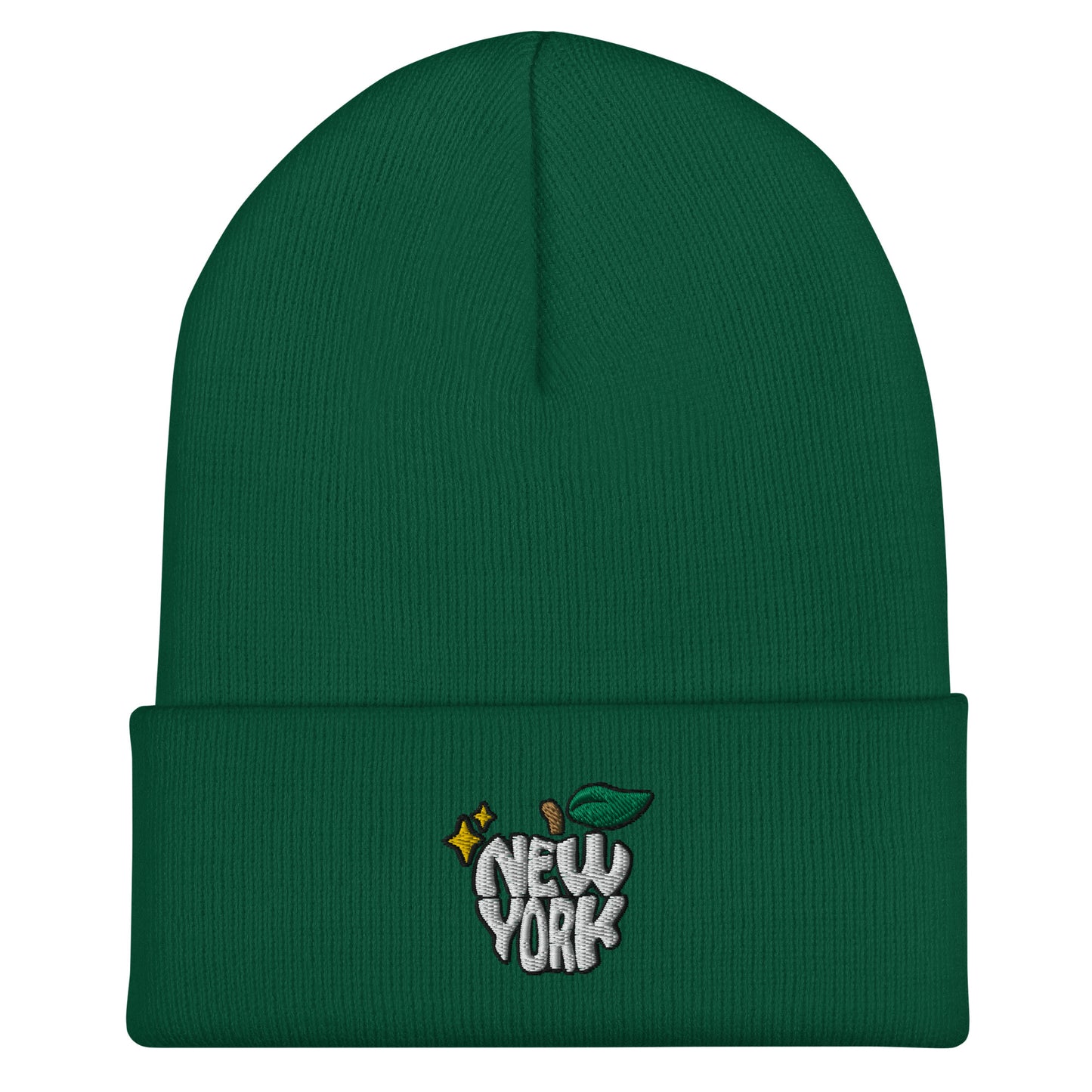 New York Apple Logo Embroidered Green Cuffed Beanie Hat Scattered Streetwear