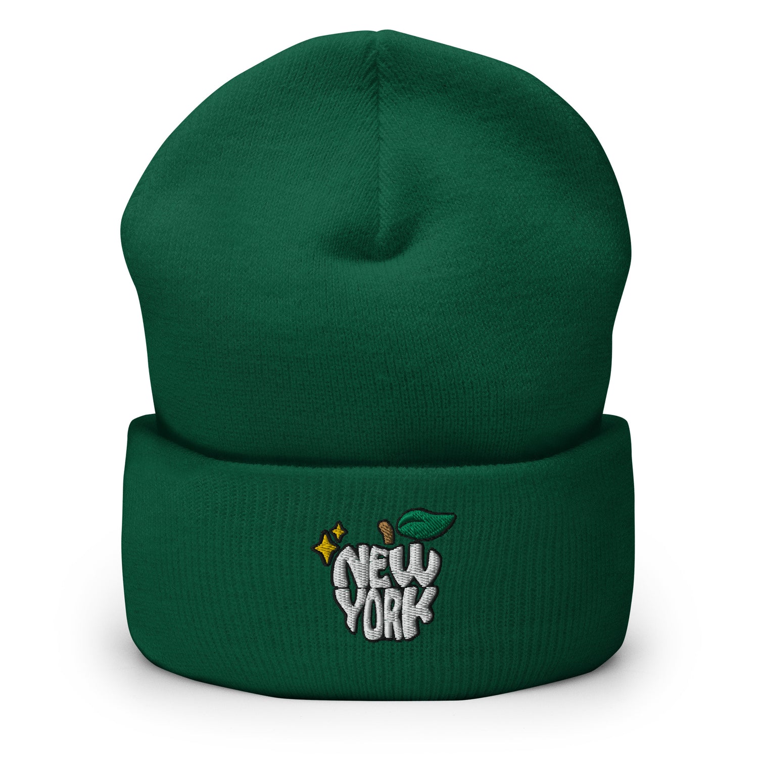 New York Apple Logo Embroidered Green Cuffed Beanie Hat Scattered Streetwear