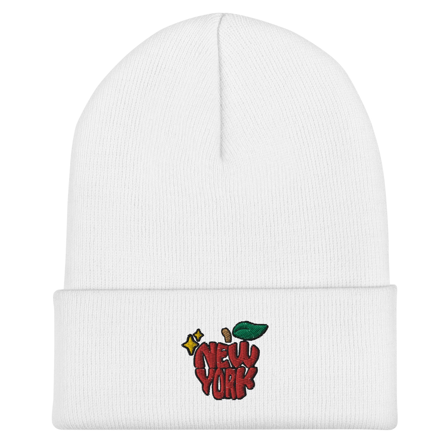 New York Apple Logo Embroidered White Cuffed Beanie Hat Scattered Streetwear