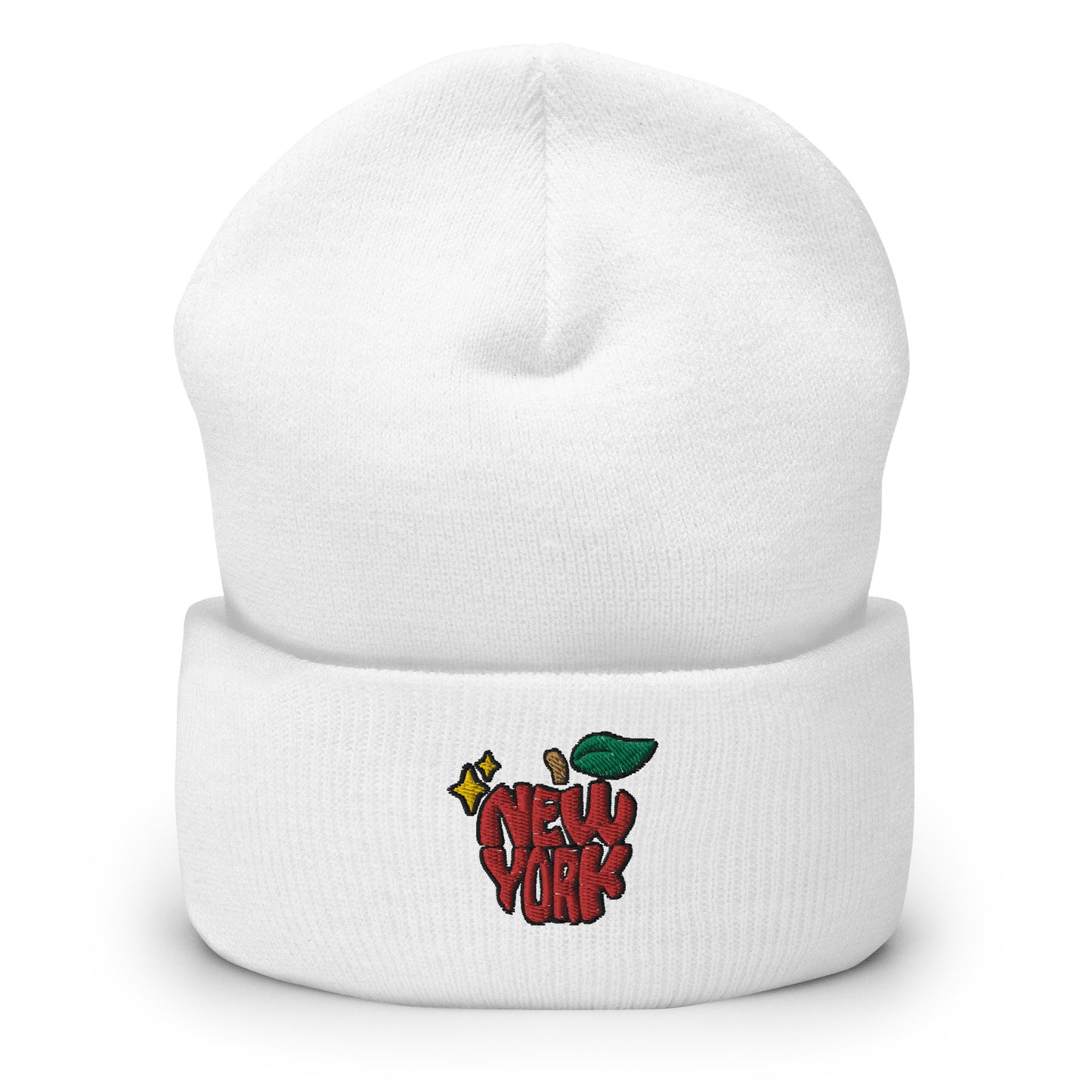 New York Apple Logo Embroidered White Cuffed Beanie Hat Scattered Streetwear