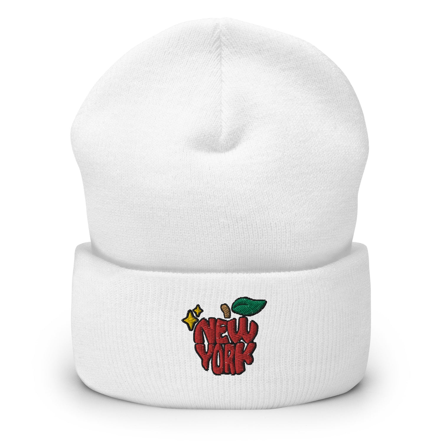 New York Apple Logo Embroidered White Cuffed Beanie Hat Scattered Streetwear