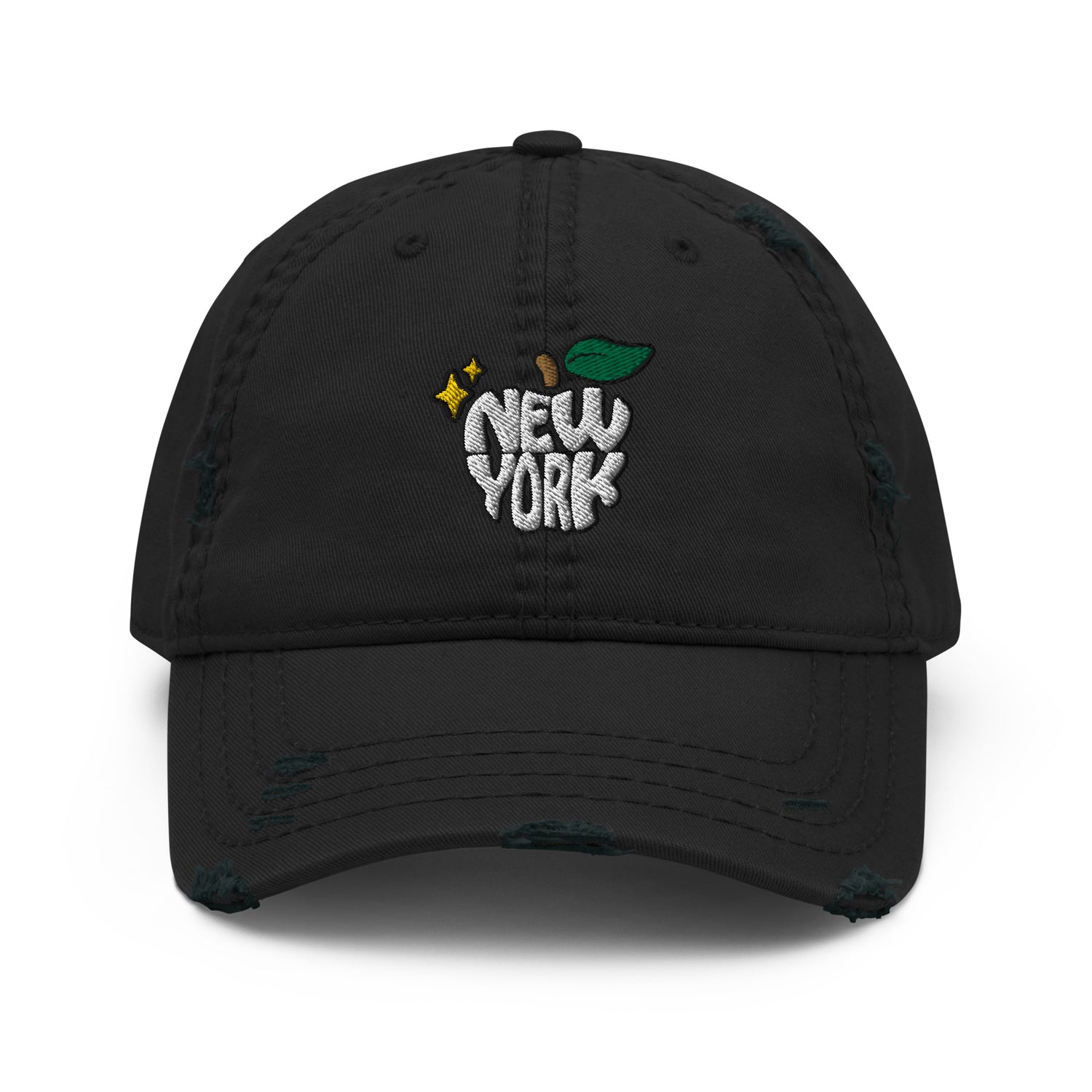 New York Apple Logo Embroidered Black Distressed Dad Hat Scattered Streetwear