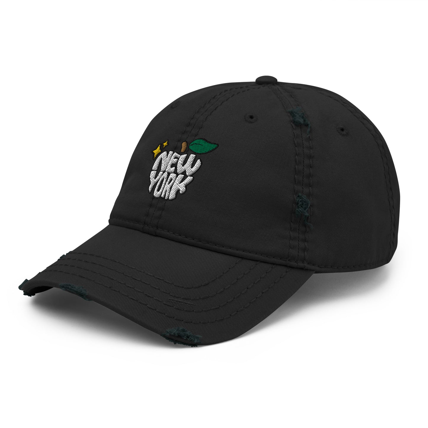 New York Apple Logo Embroidered Black Distressed Dad Hat Scattered Streetwear