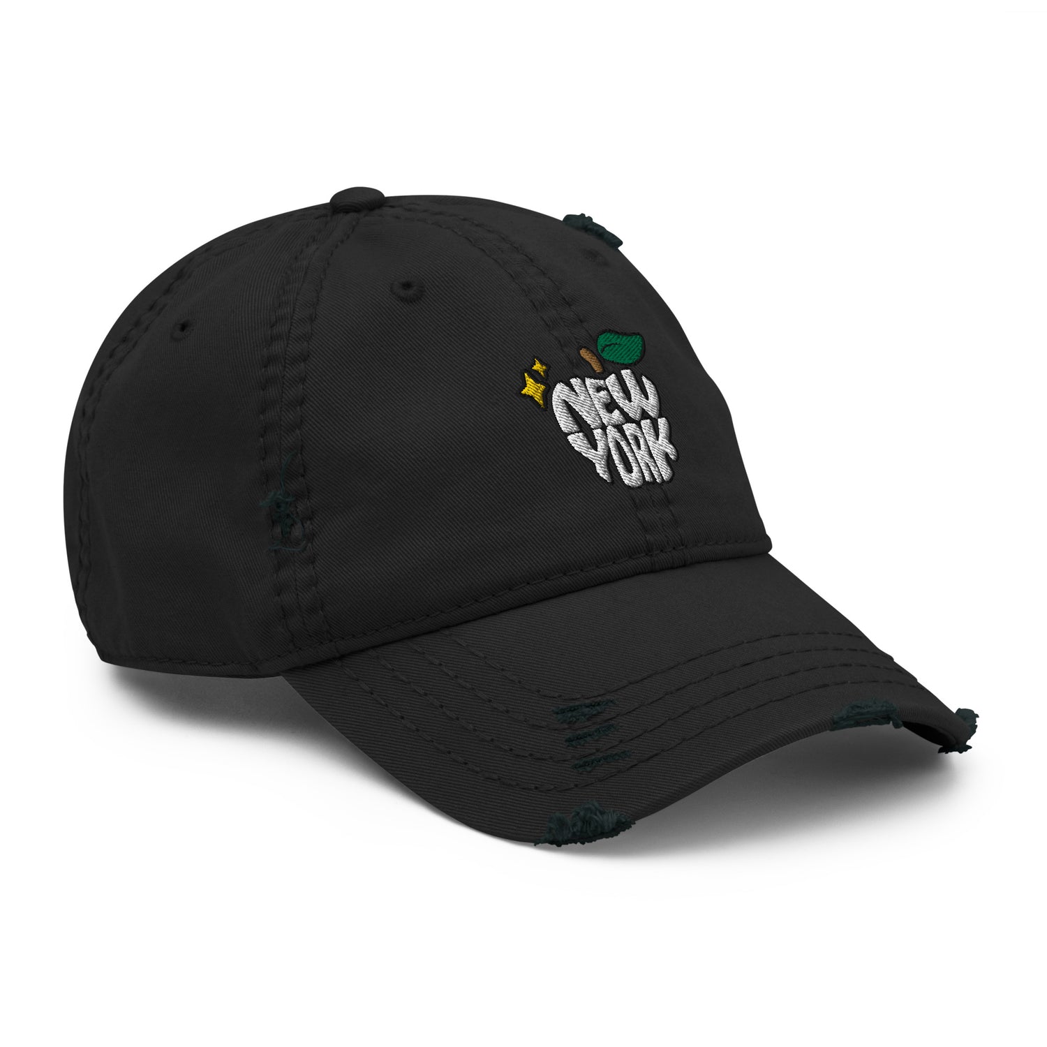 New York Apple Logo Embroidered Black Distressed Dad Hat Scattered Streetwear