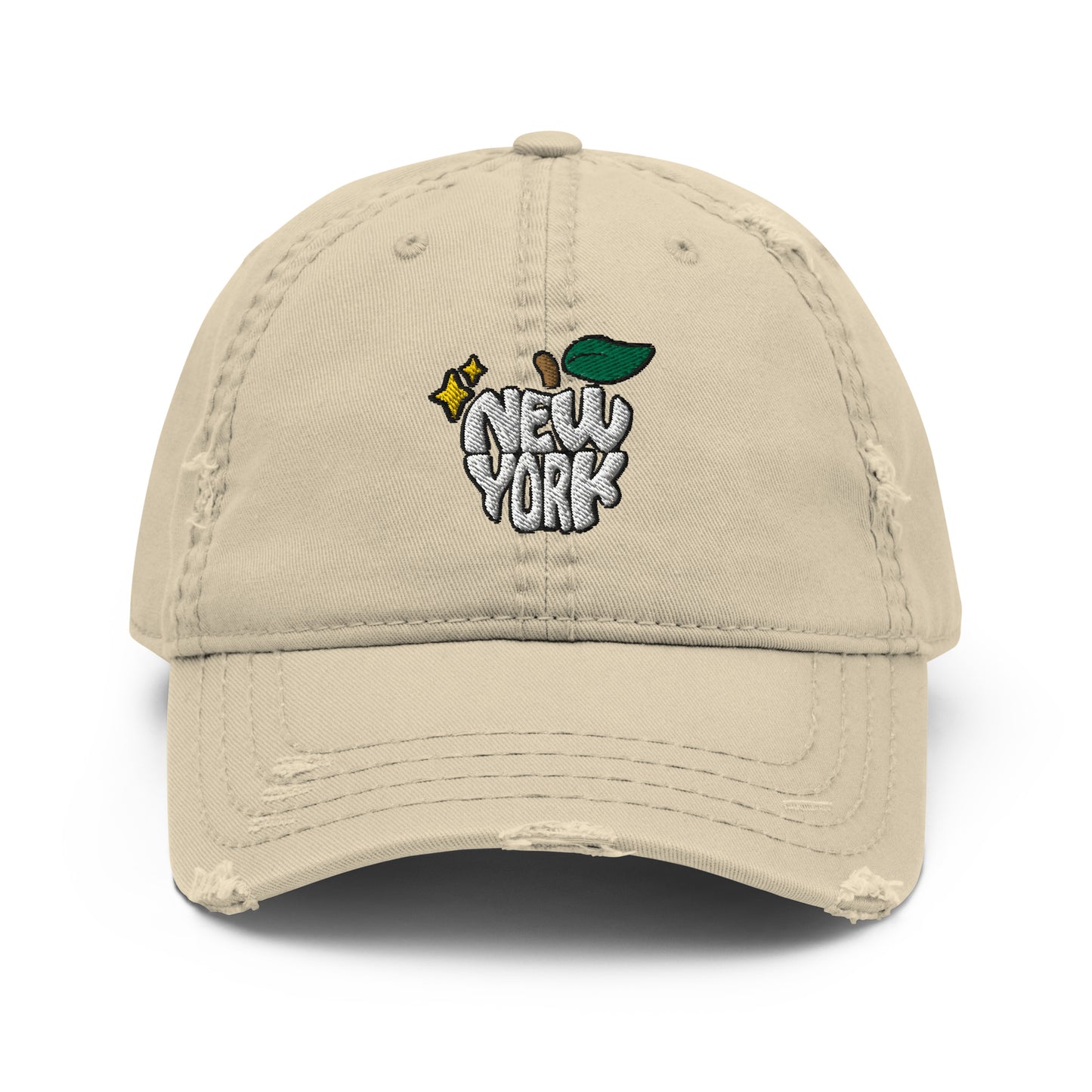 New York Apple Logo Embroidered Khaki Distressed Dad Hat Scattered Streetwear