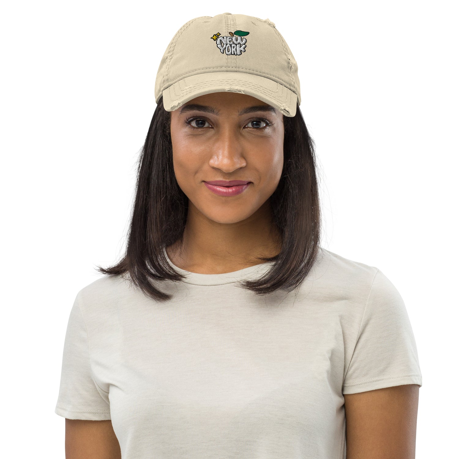 New York Apple Logo Embroidered Khaki Distressed Dad Hat Scattered Streetwear