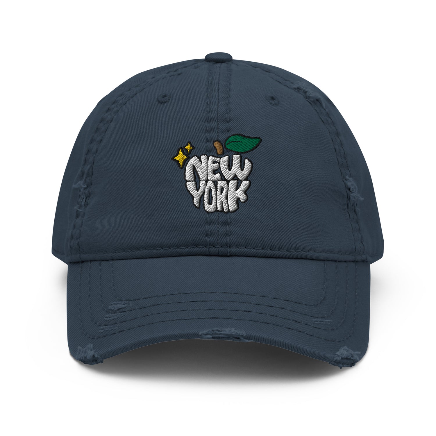 New York Apple Logo Embroidered Navy Blue Distressed Dad Hat Scattered Streetwear