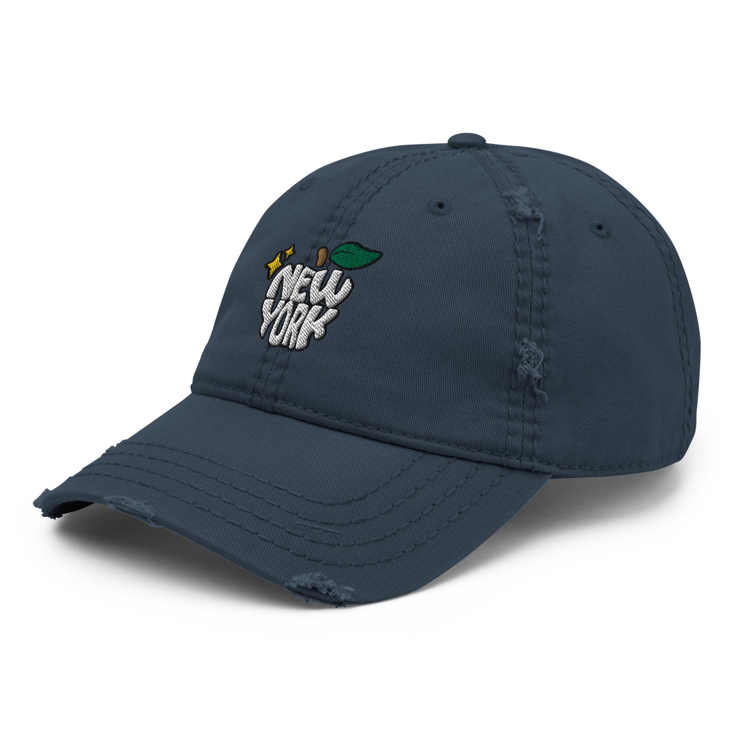 New York Apple Logo Embroidered Navy Blue Distressed Dad Hat Scattered Streetwear