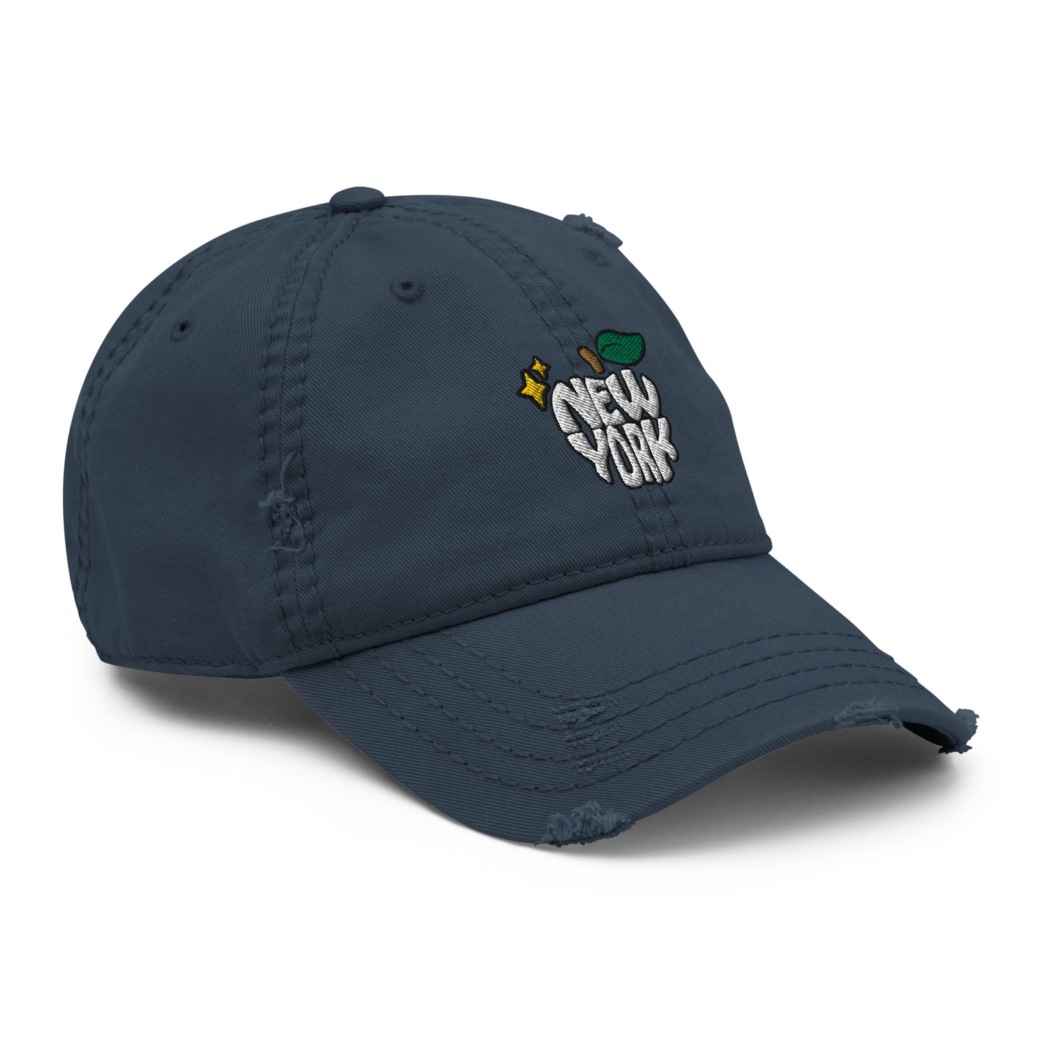 New York Apple Logo Embroidered Navy Blue Distressed Dad Hat Scattered Streetwear