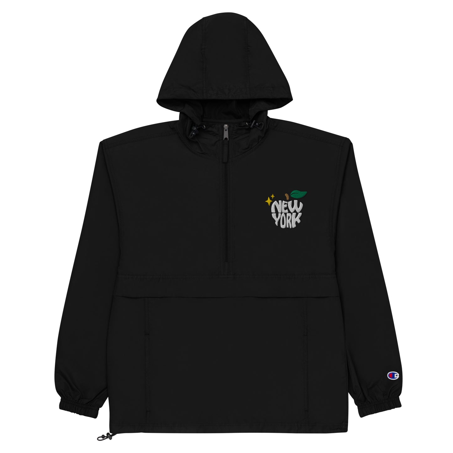 New York Apple Logo Embroidered Black Champion Packable Windbreaker Jacket Scattered Streetwear