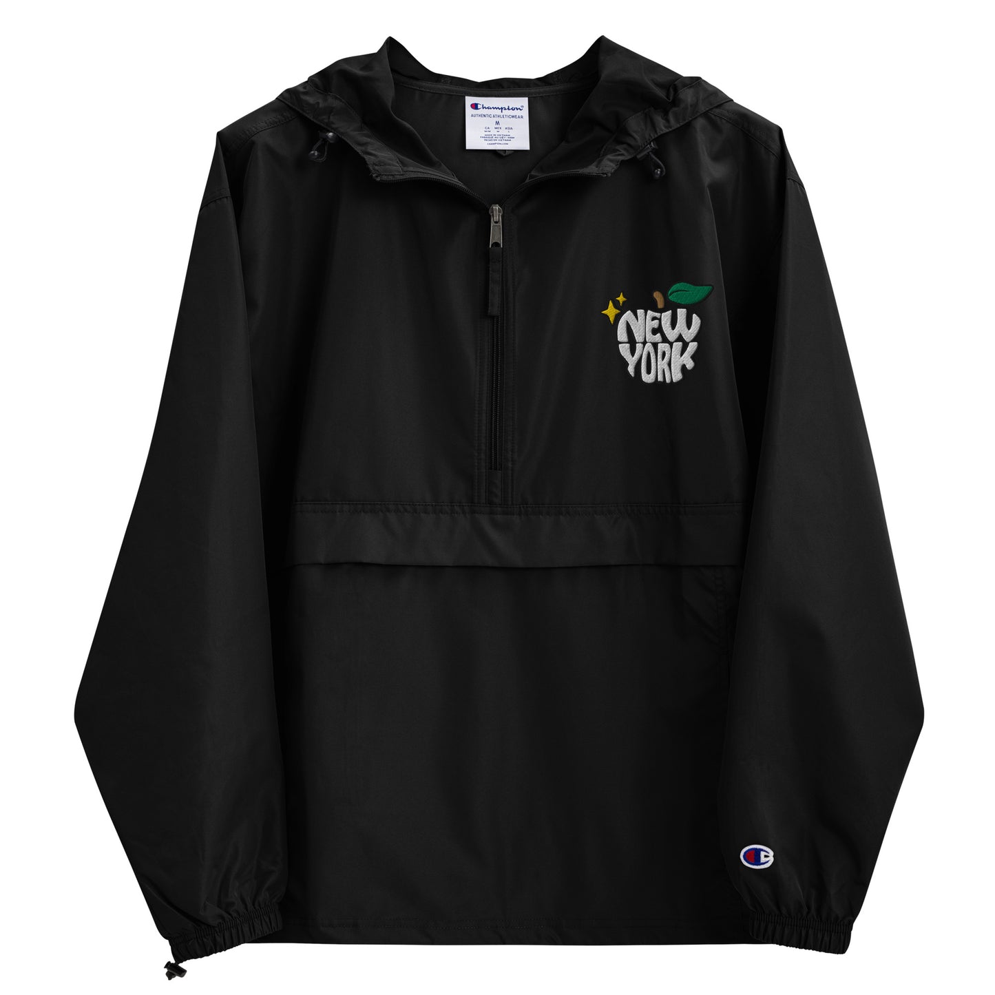 New York Apple Logo Embroidered Black Champion Packable Windbreaker Jacket Scattered Streetwear