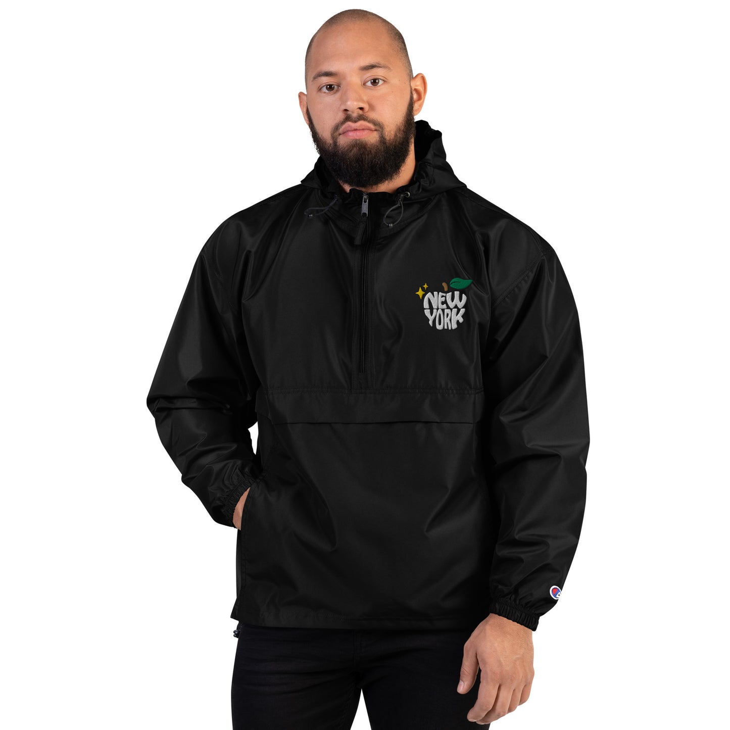 New York Apple Logo Embroidered Black Champion Packable Windbreaker Jacket Scattered Streetwear