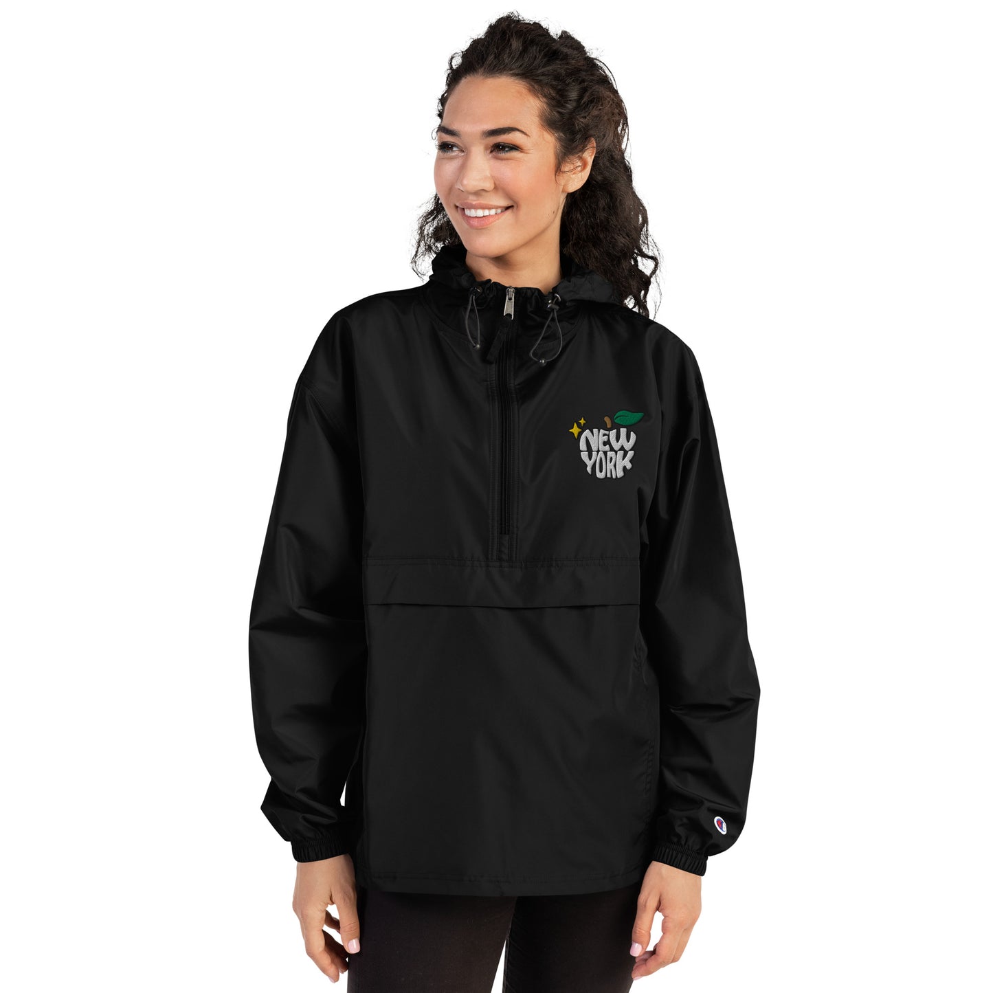 New York Apple Logo Embroidered Black Champion Packable Windbreaker Jacket Scattered Streetwear