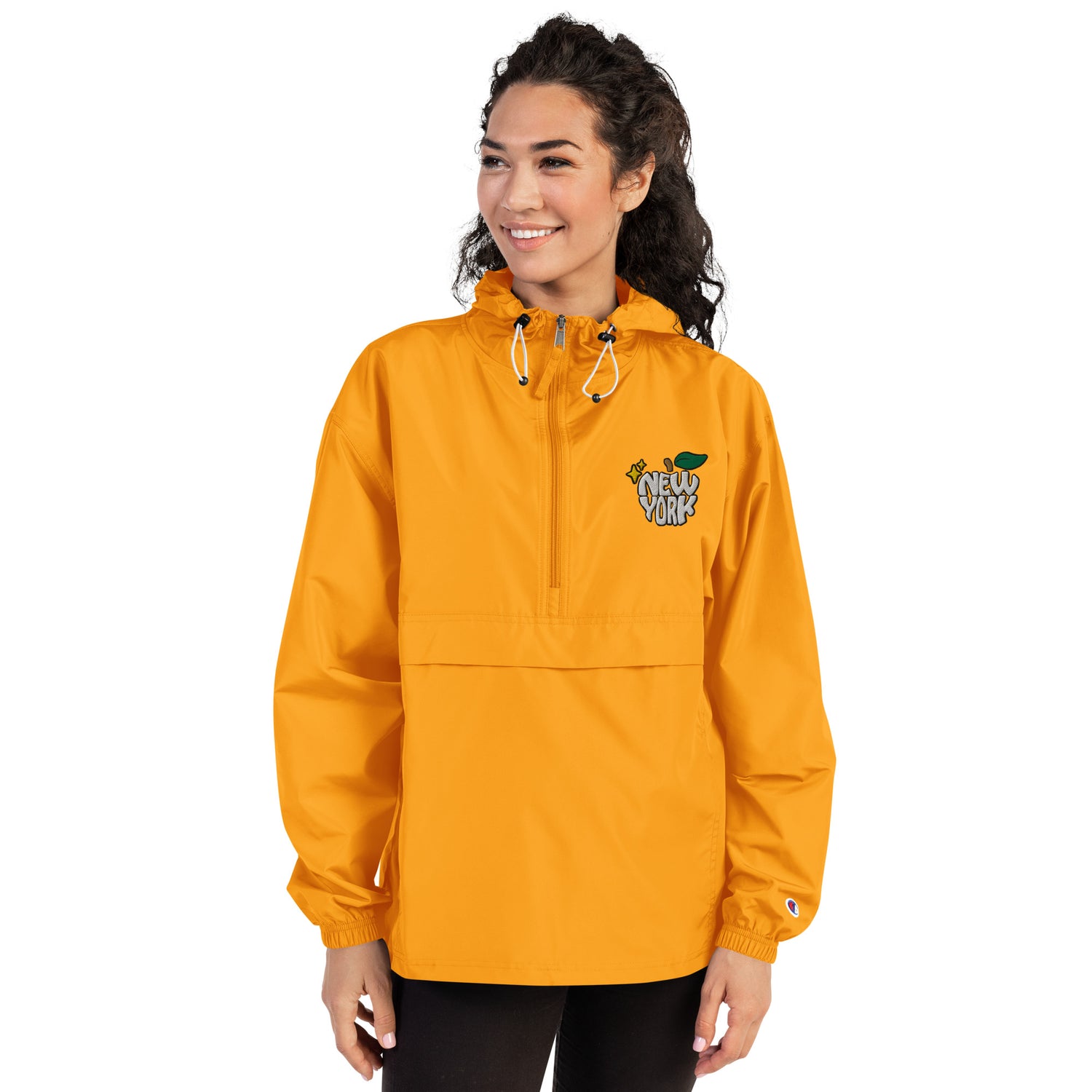 New York Apple Logo Embroidered Yellow Champion Packable Windbreaker Jacket Scattered Streetwear