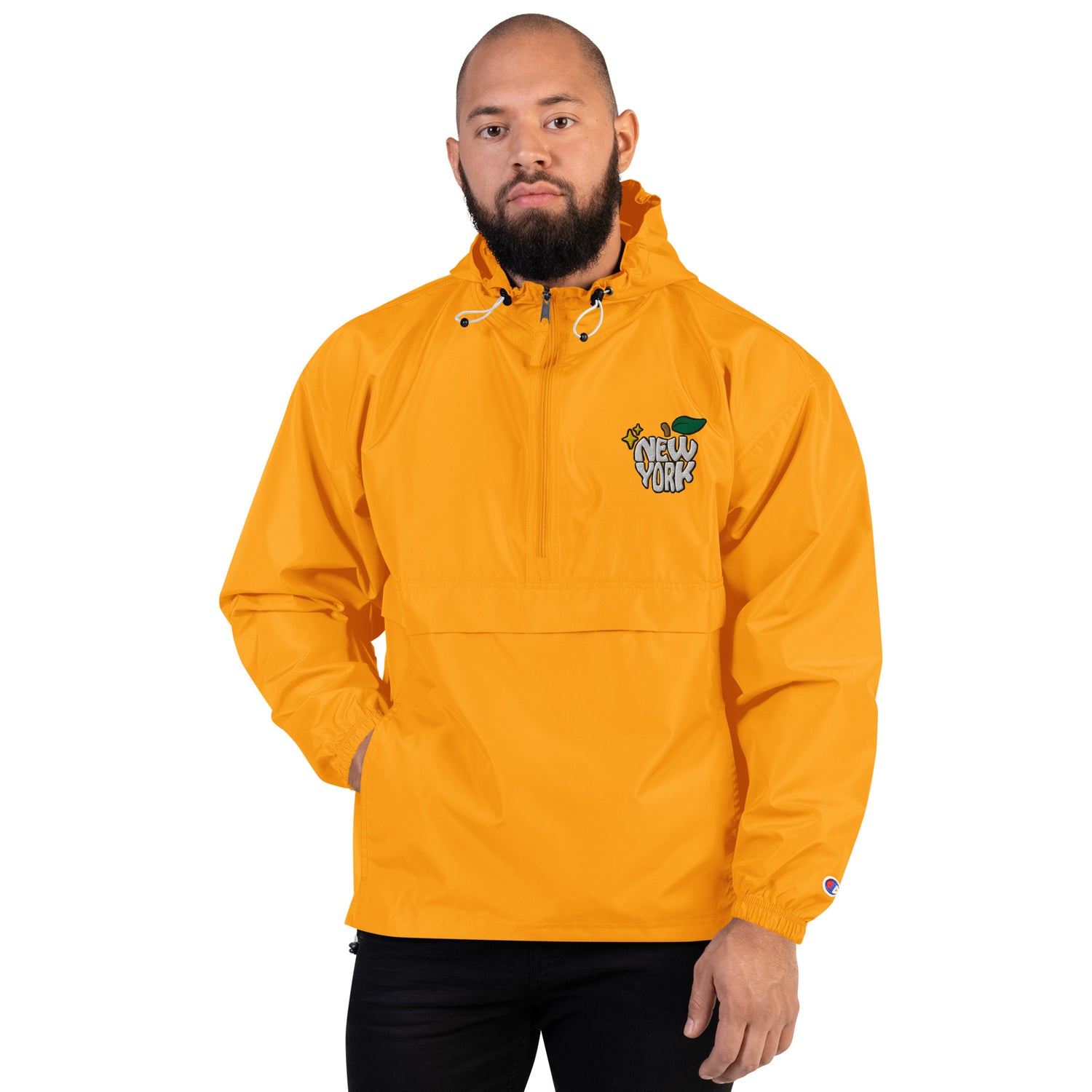 New York Apple Logo Embroidered Yellow Champion Packable Windbreaker Jacket Scattered Streetwear