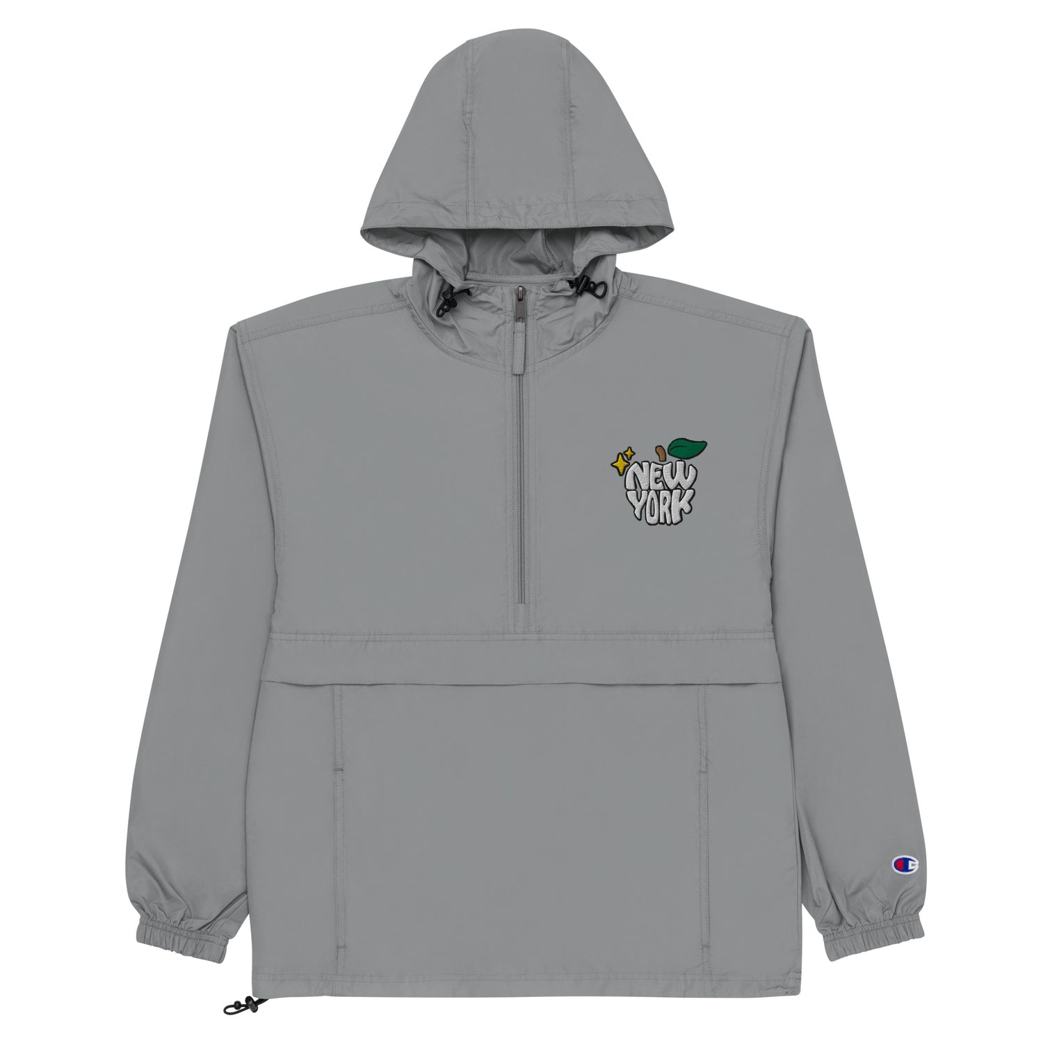 New York Apple Logo Embroidered Grey Champion Packable Windbreaker Jacket Scattered Streetwear