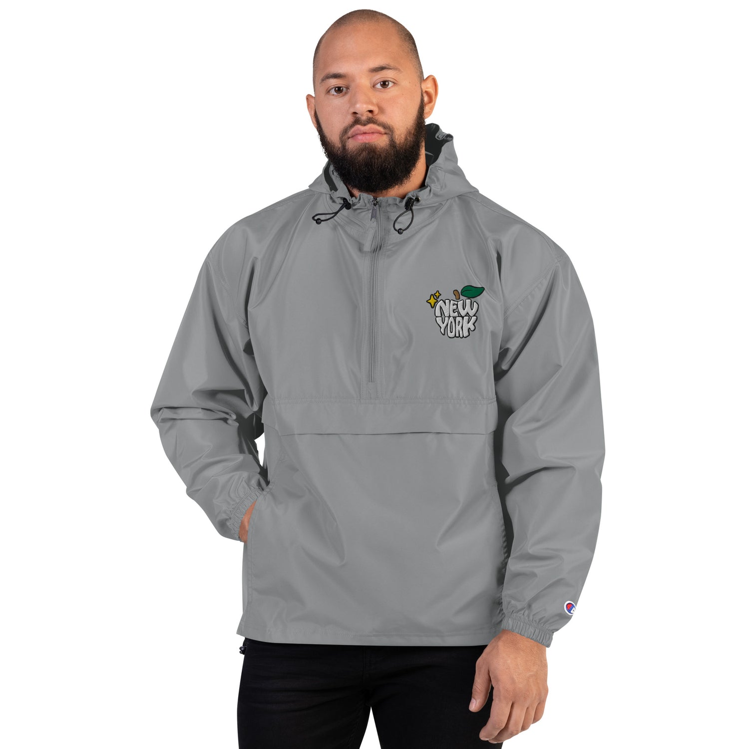 New York Apple Logo Embroidered Grey Champion Packable Windbreaker Jacket Scattered Streetwear