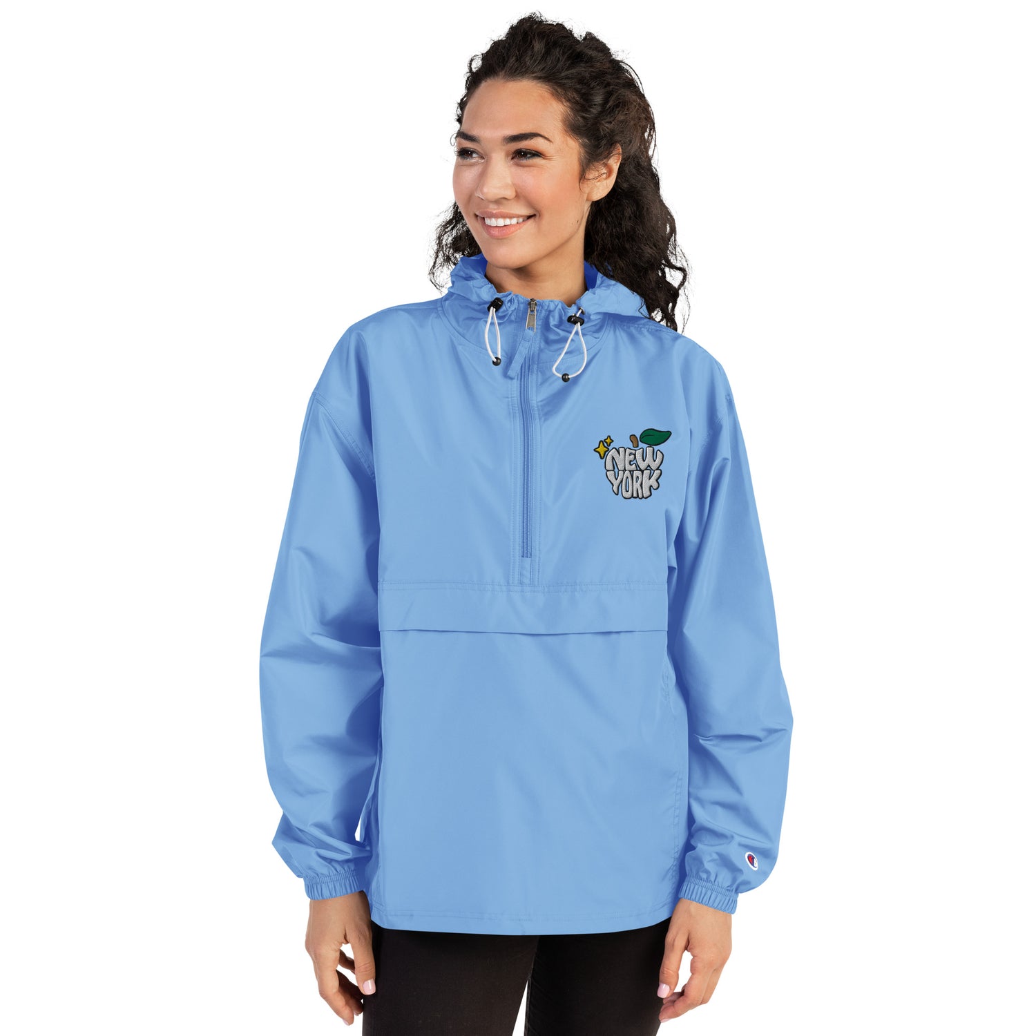 New York Apple Logo Embroidered Baby Blue Champion Packable Windbreaker Jacket Scattered Streetwear