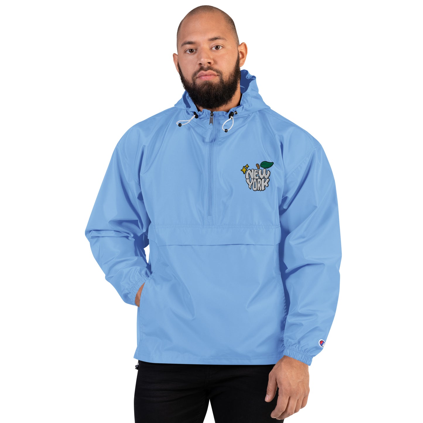 New York Apple Logo Embroidered Baby Blue Champion Packable Windbreaker Jacket Scattered Streetwear