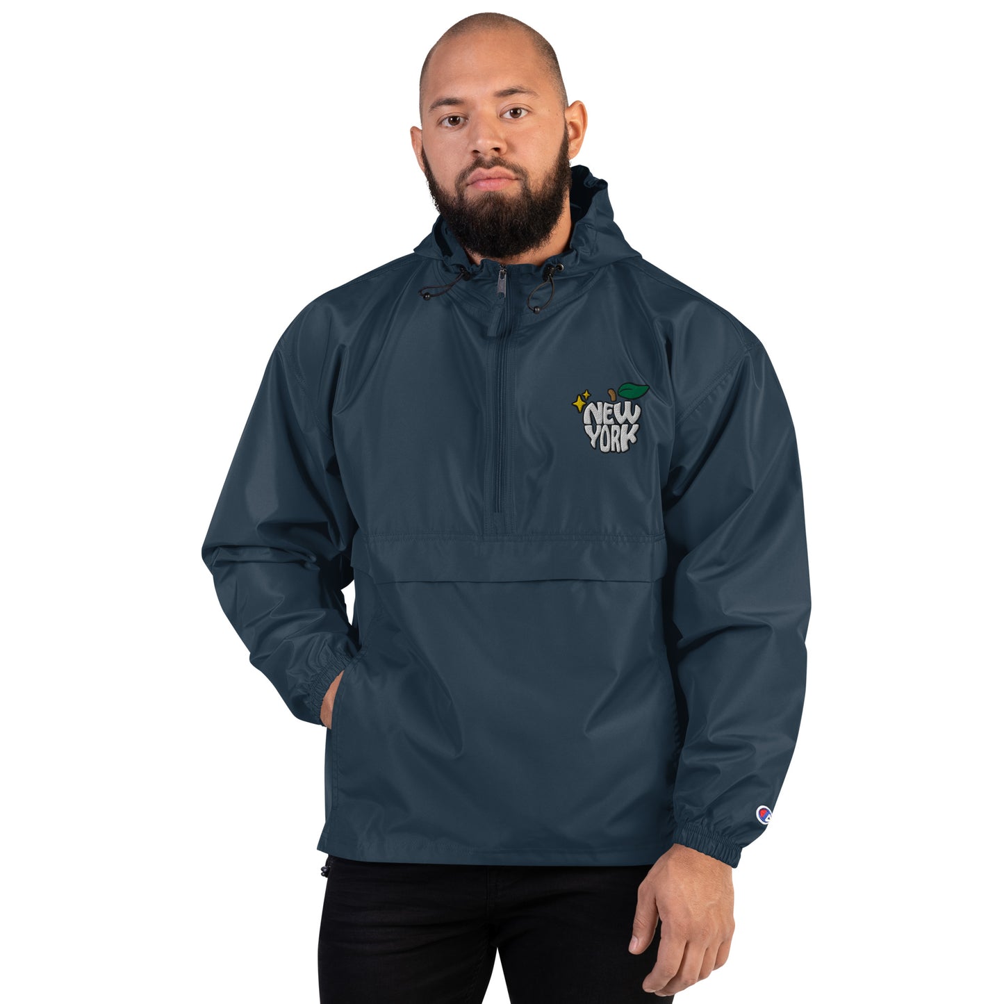 New York Apple Logo Embroidered Navy Blue Champion Packable Windbreaker Jacket Scattered Streetwear