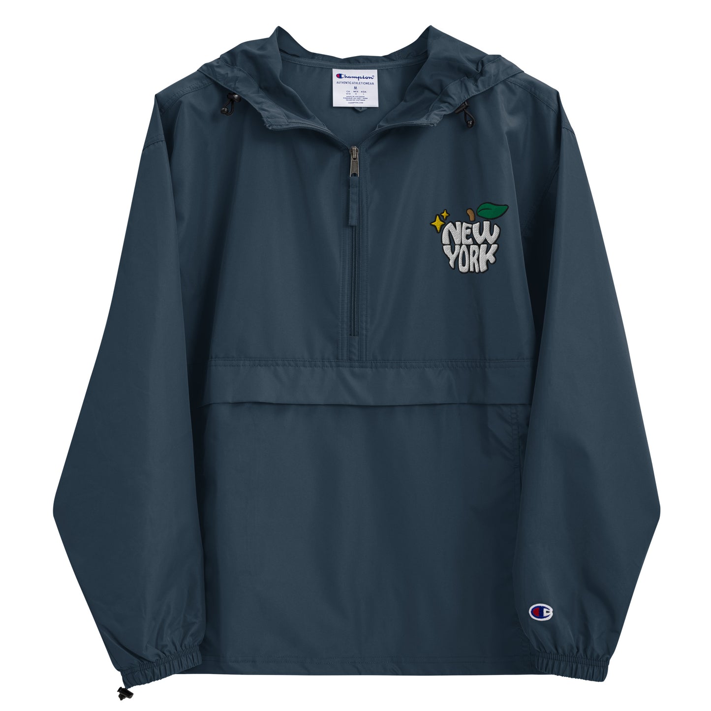 New York Apple Logo Embroidered Navy Blue Champion Packable Windbreaker Jacket Scattered Streetwear
