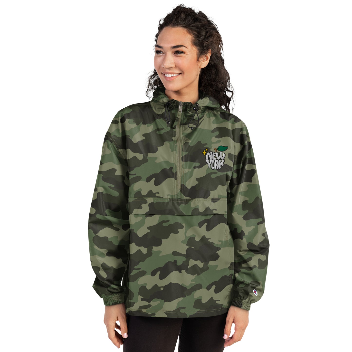 New York Apple Logo Embroidered Camo Champion Packable Windbreaker Jacket Scattered Streetwear