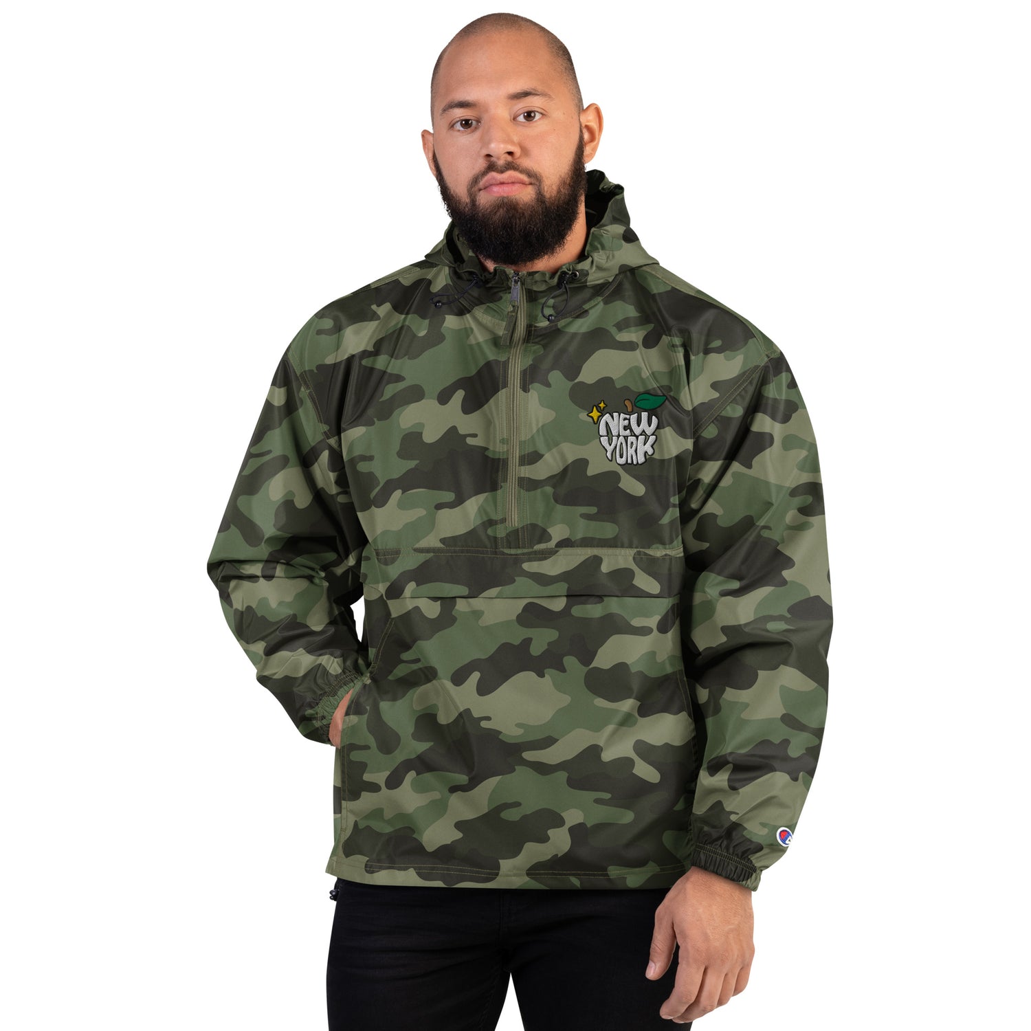 New York Apple Logo Embroidered Camo Champion Packable Windbreaker Jacket Scattered Streetwear