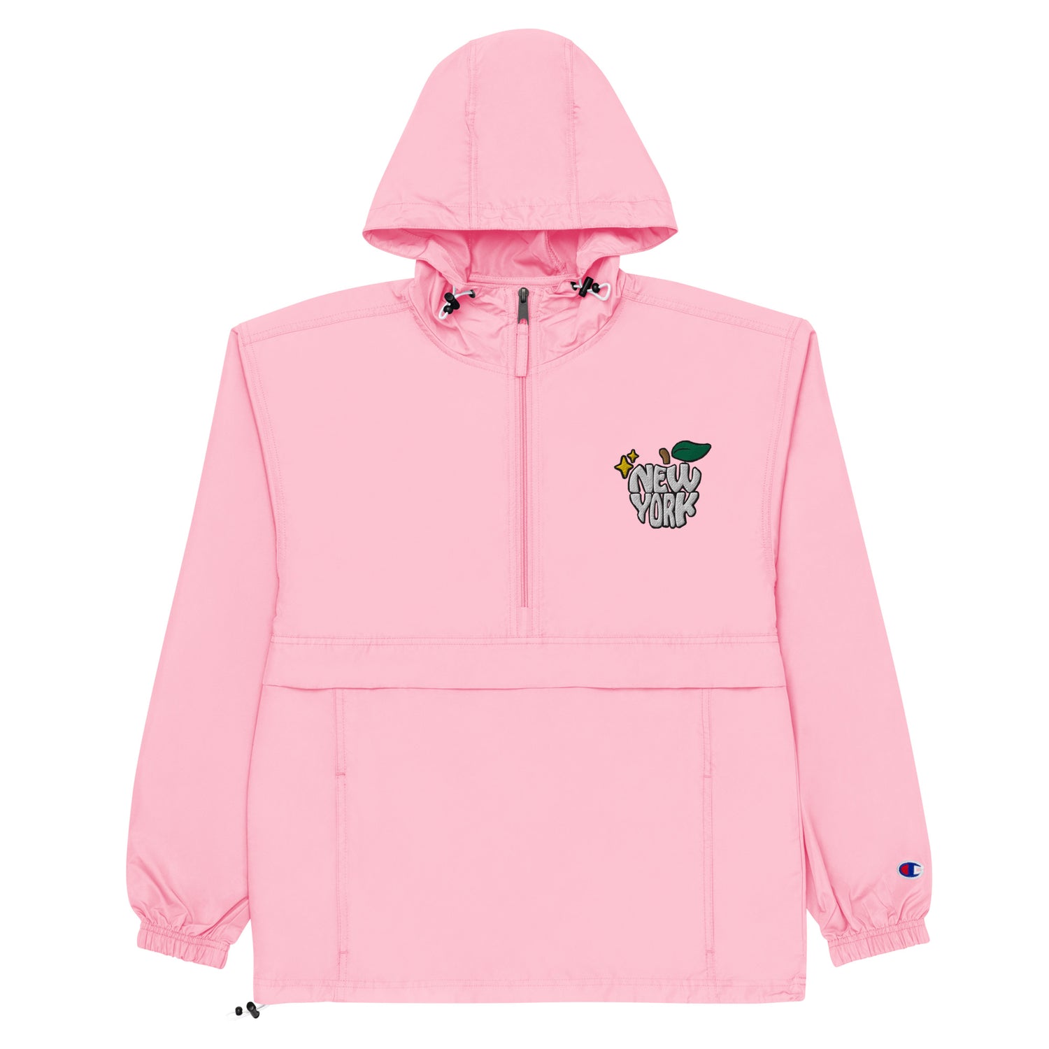 New York Apple Logo Embroidered Pink Champion Packable Windbreaker Jacket Scattered Streetwear