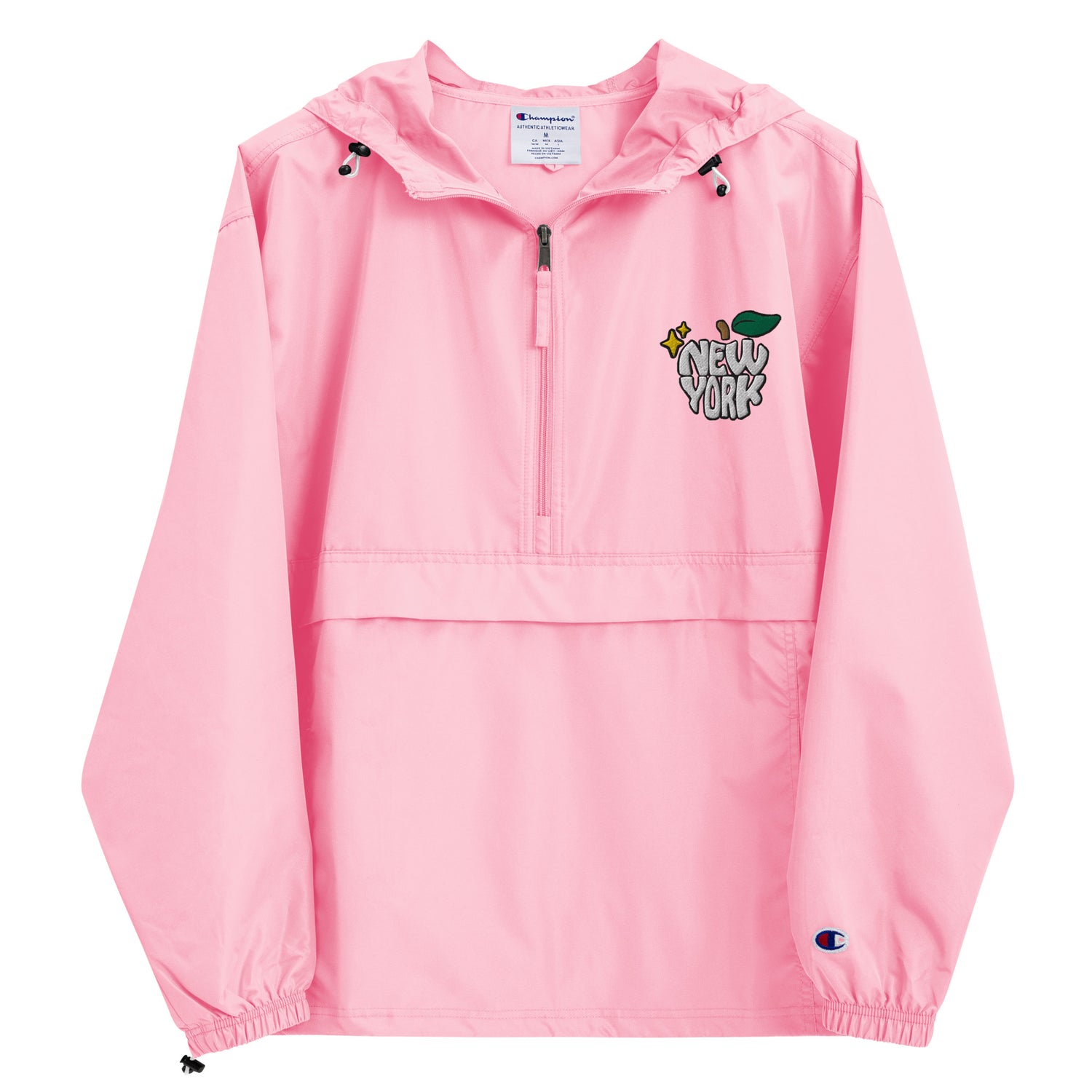 New York Apple Logo Embroidered Pink Champion Packable Windbreaker Jacket Scattered Streetwear