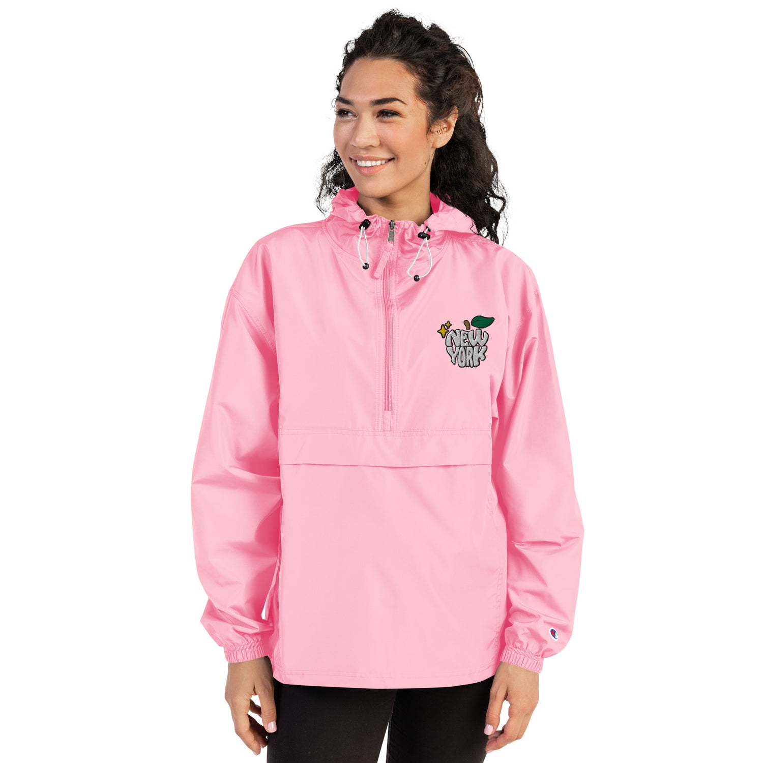 New York Apple Logo Embroidered Pink Champion Packable Windbreaker Jacket Scattered Streetwear