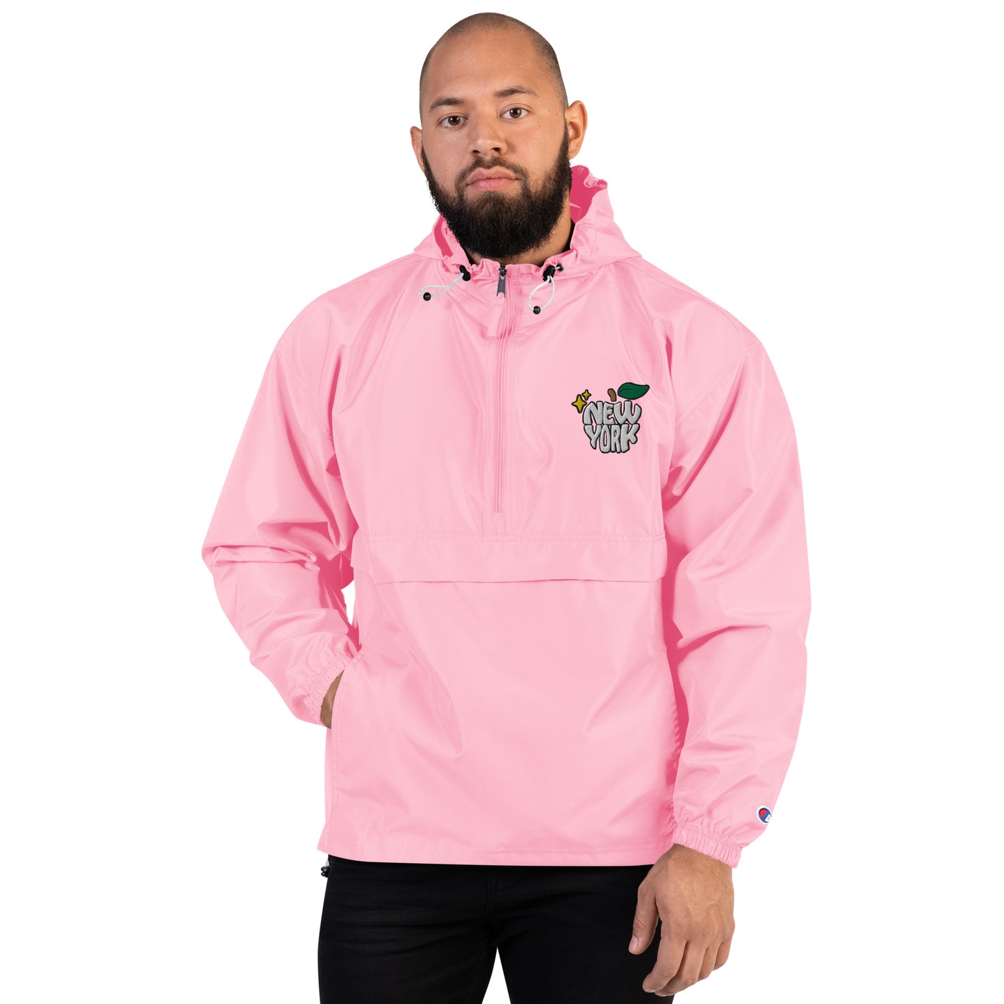 New York Apple Logo Embroidered Pink Champion Packable Windbreaker Jacket Scattered Streetwear