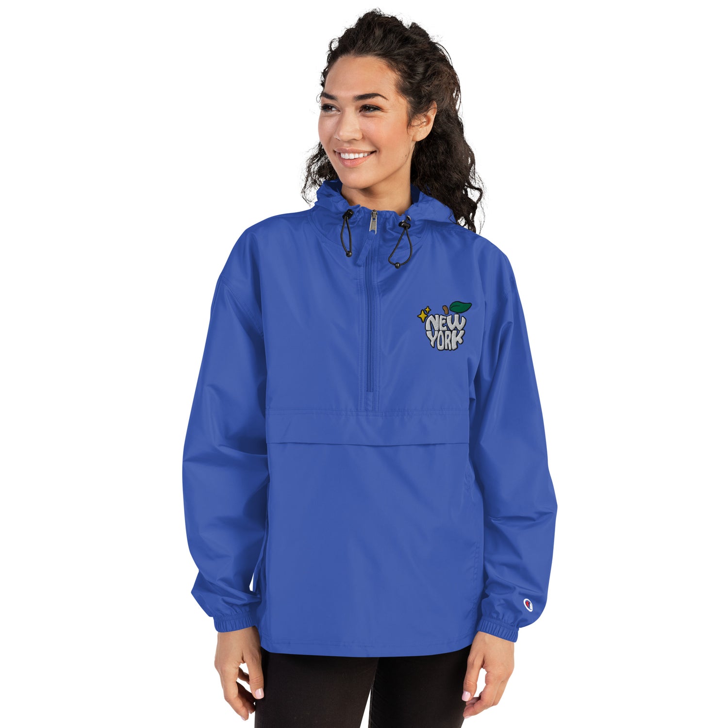 New York Apple Logo Embroidered Royal Blue Champion Packable Windbreaker Jacket Scattered Streetwear