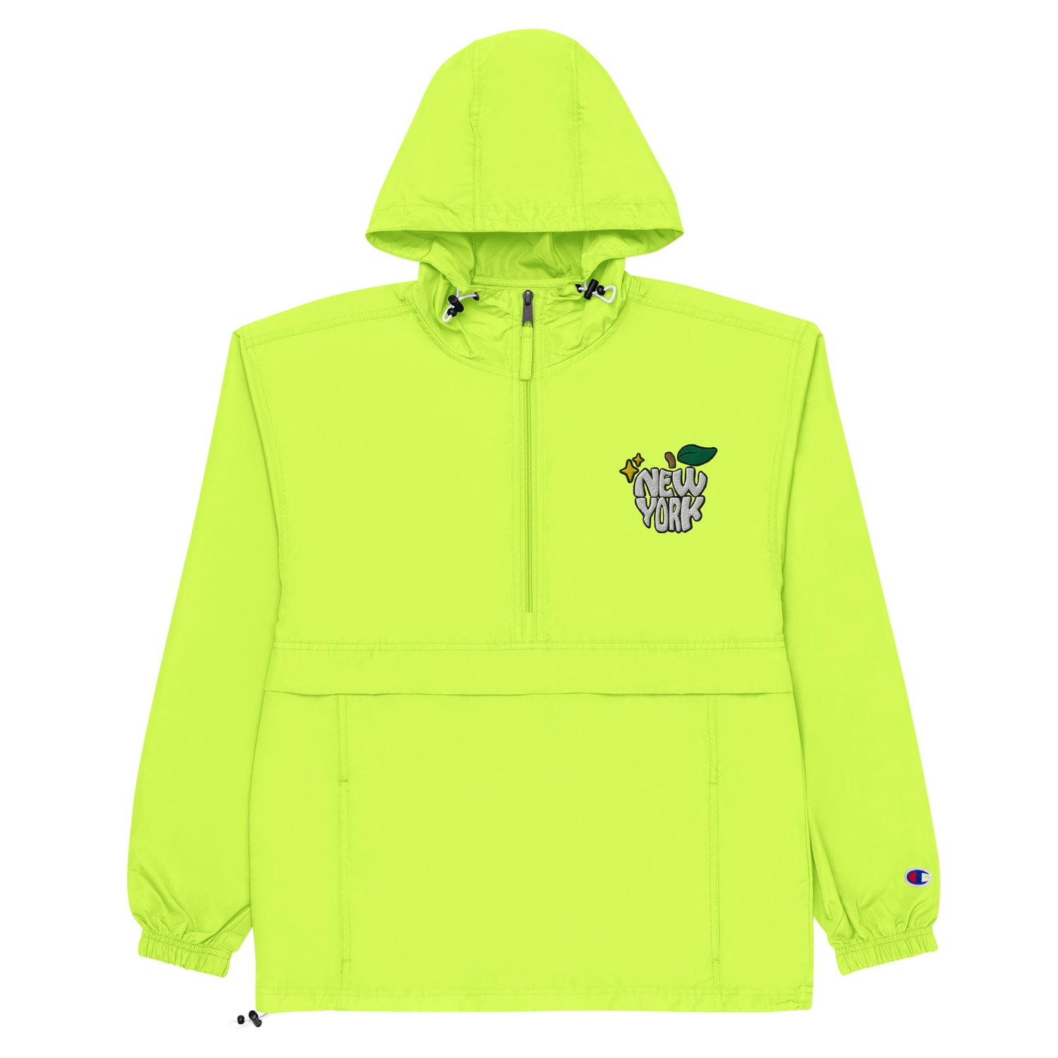 New York Apple Logo Embroidered Neon Green Champion Packable Windbreaker Jacket Scattered Streetwear