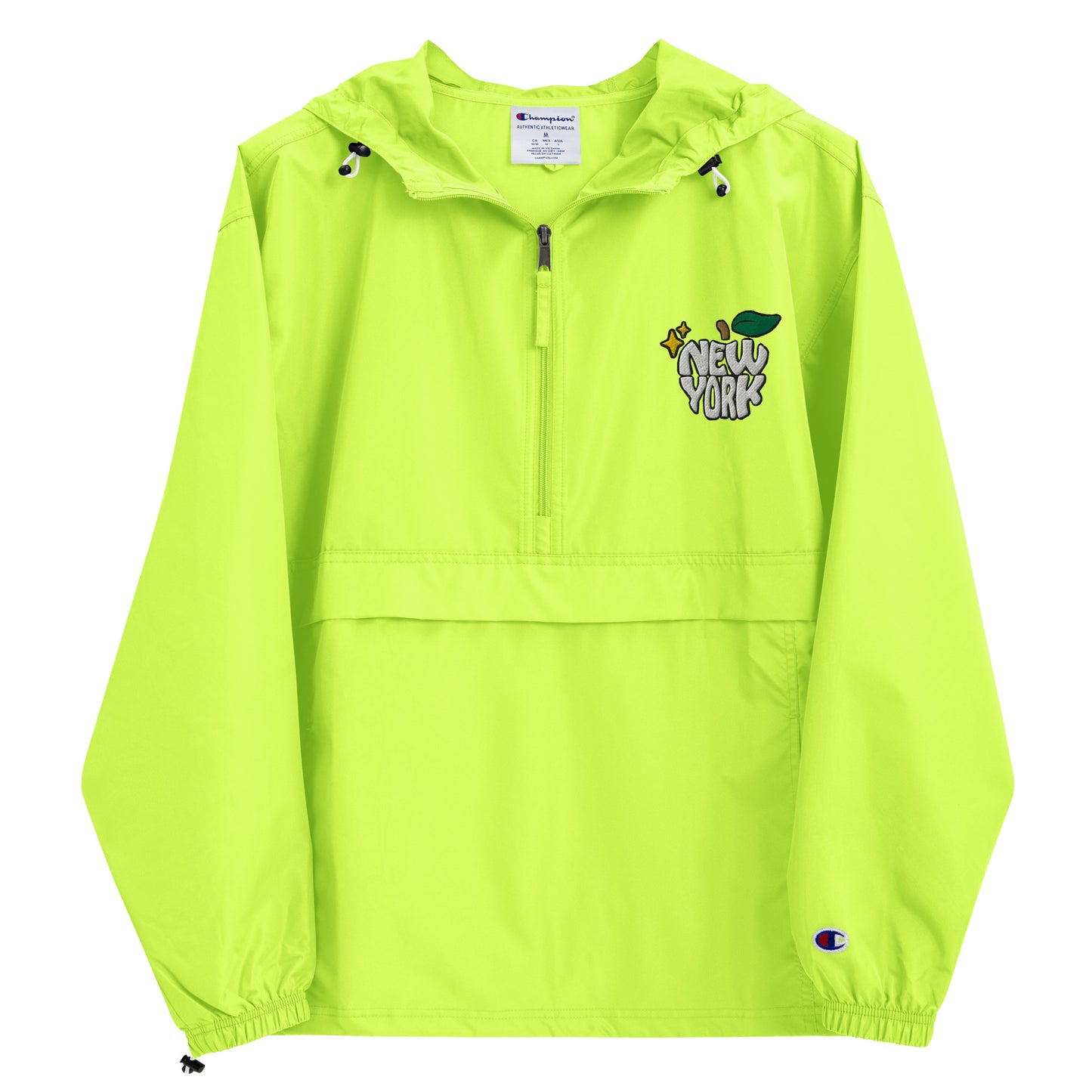 New York Apple Logo Embroidered Neon Green Champion Packable Windbreaker Jacket Scattered Streetwear