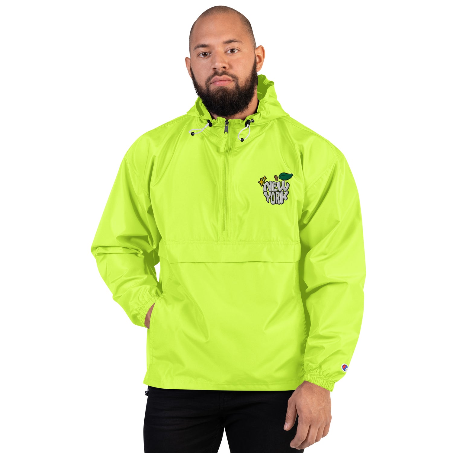 New York Apple Logo Embroidered Neon Green Champion Packable Windbreaker Jacket Scattered Streetwear