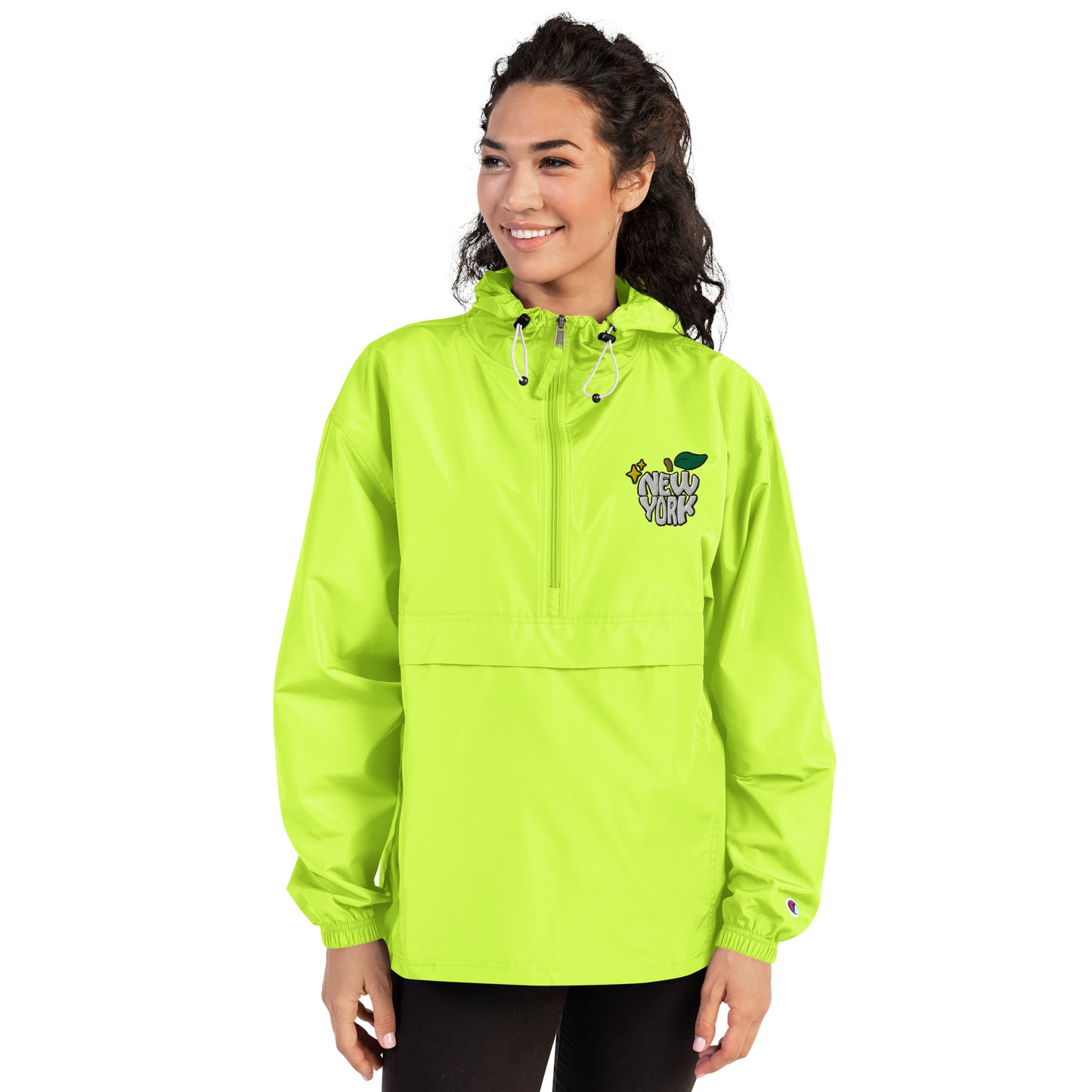 New York Apple Logo Embroidered Neon Green Champion Packable Windbreaker Jacket Scattered Streetwear