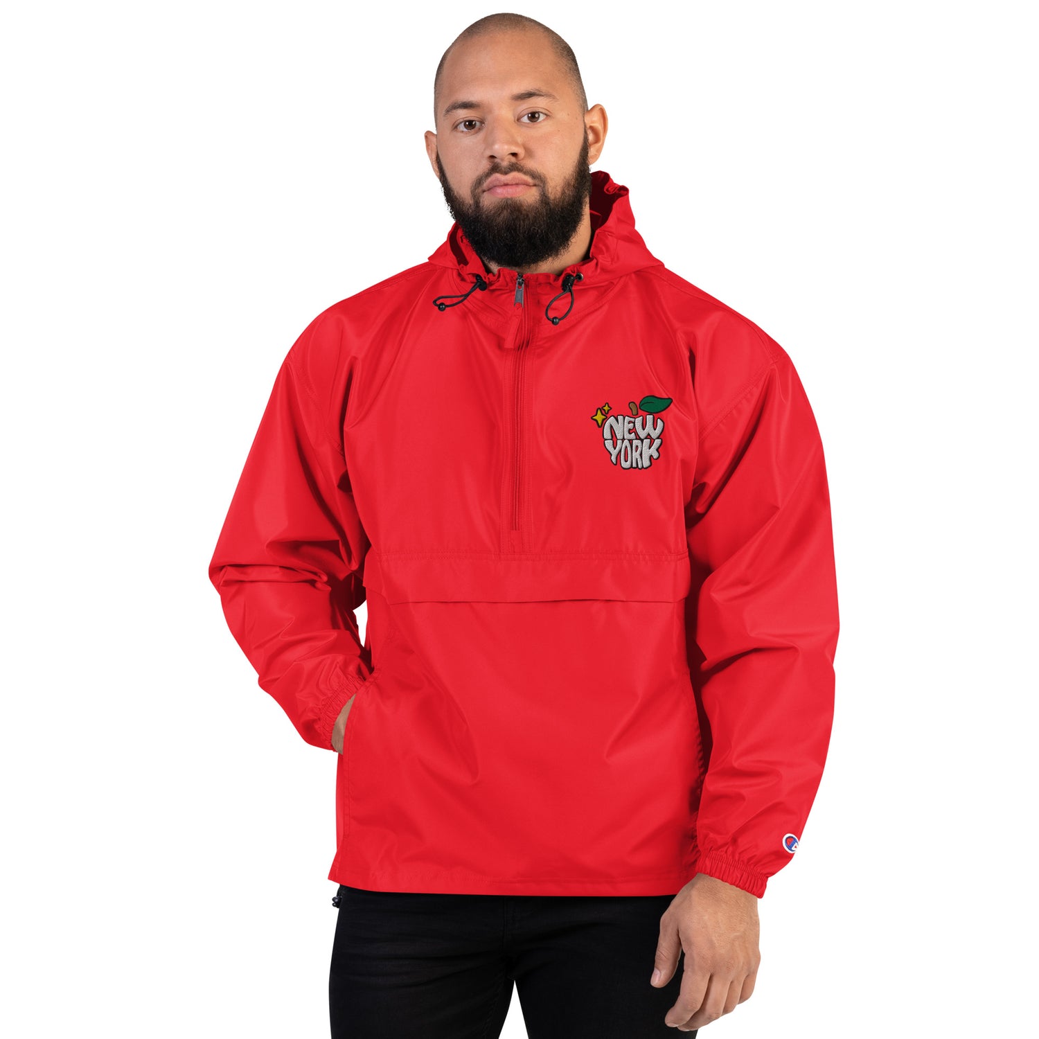 New York Apple Logo Embroidered Red Champion Packable Windbreaker Jacket Scattered Streetwear